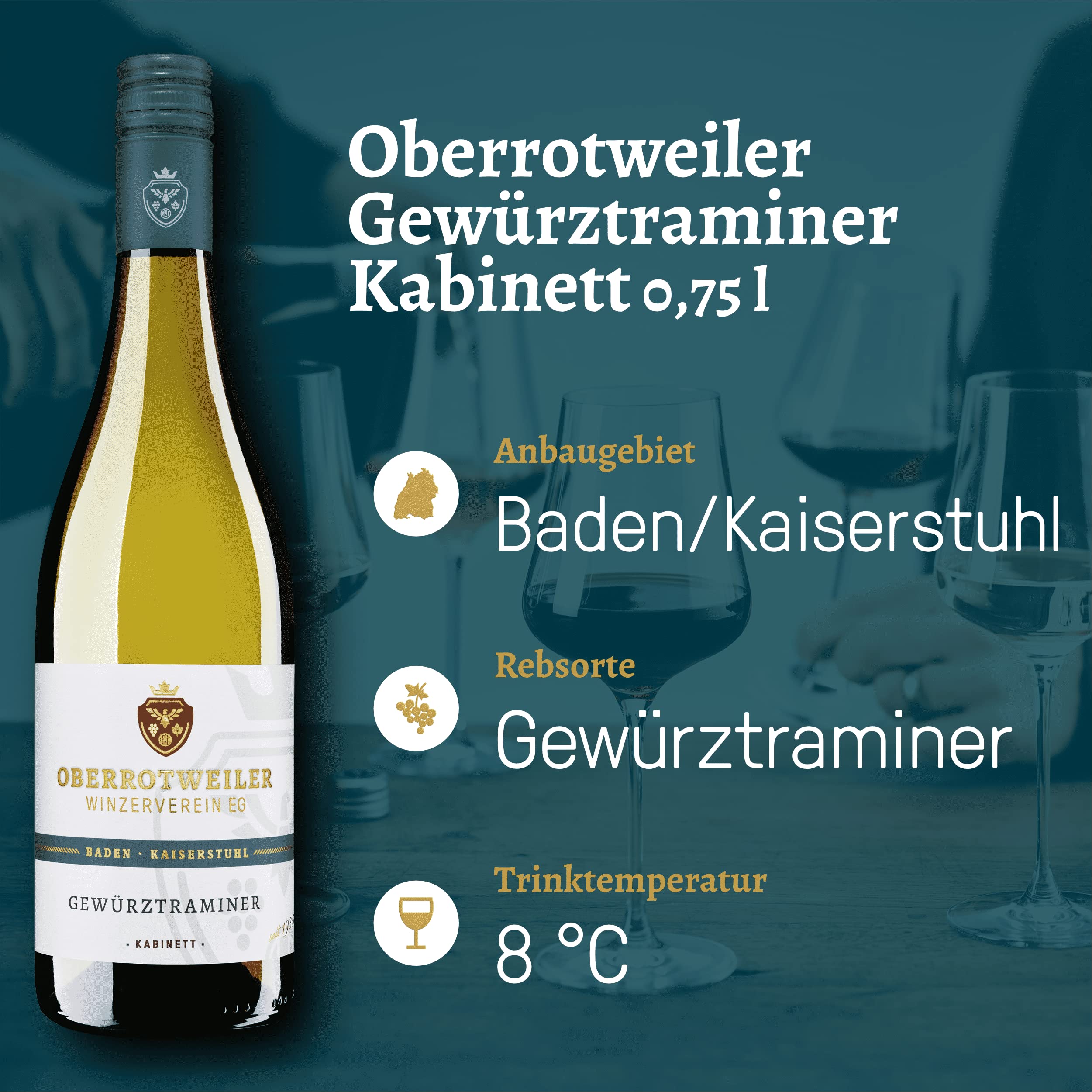 Oberrotweiler Gewürztraminer Kabinett - Gault & Millau 2024 Auszeichnung - Weißwein lieblich, süß & fruchtig - Anbaugebiet Kaiserstuhl, Baden (6 x 0,75 l)
