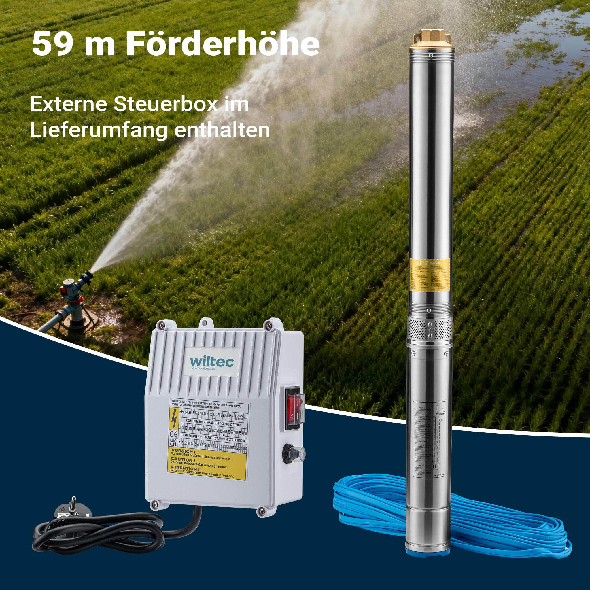 Wiltec Pompa sommersa per pozzi 4" 550 W, portata max 6000 l/h, Elettropompa a immersione con profondità max 20 m