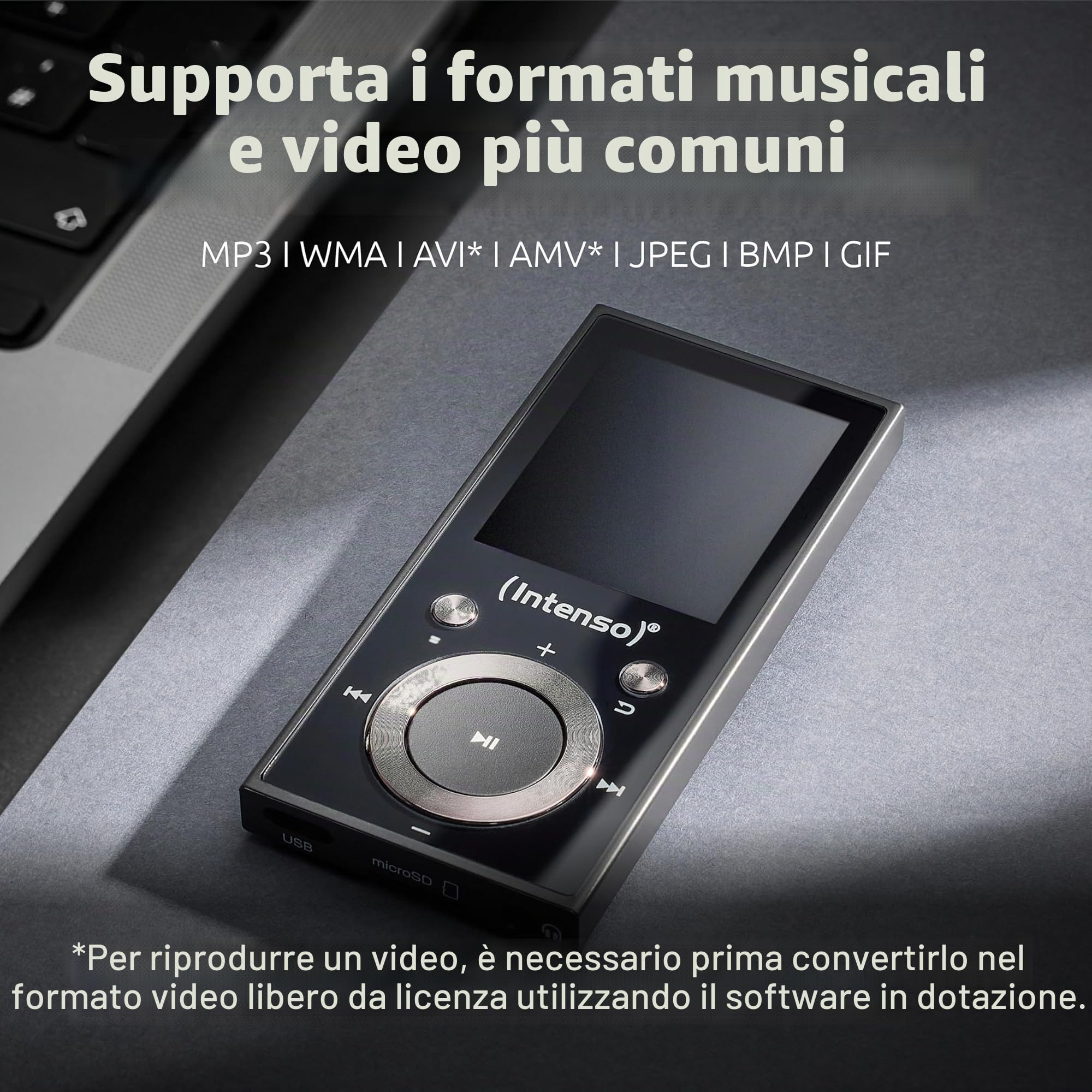 Intenso Lettore video BT MP3 con Bluetooth 5.0, display a colori da 1,8 pollici, microSD, USB C, batteria fino a 18 ore, con cuffie, nero