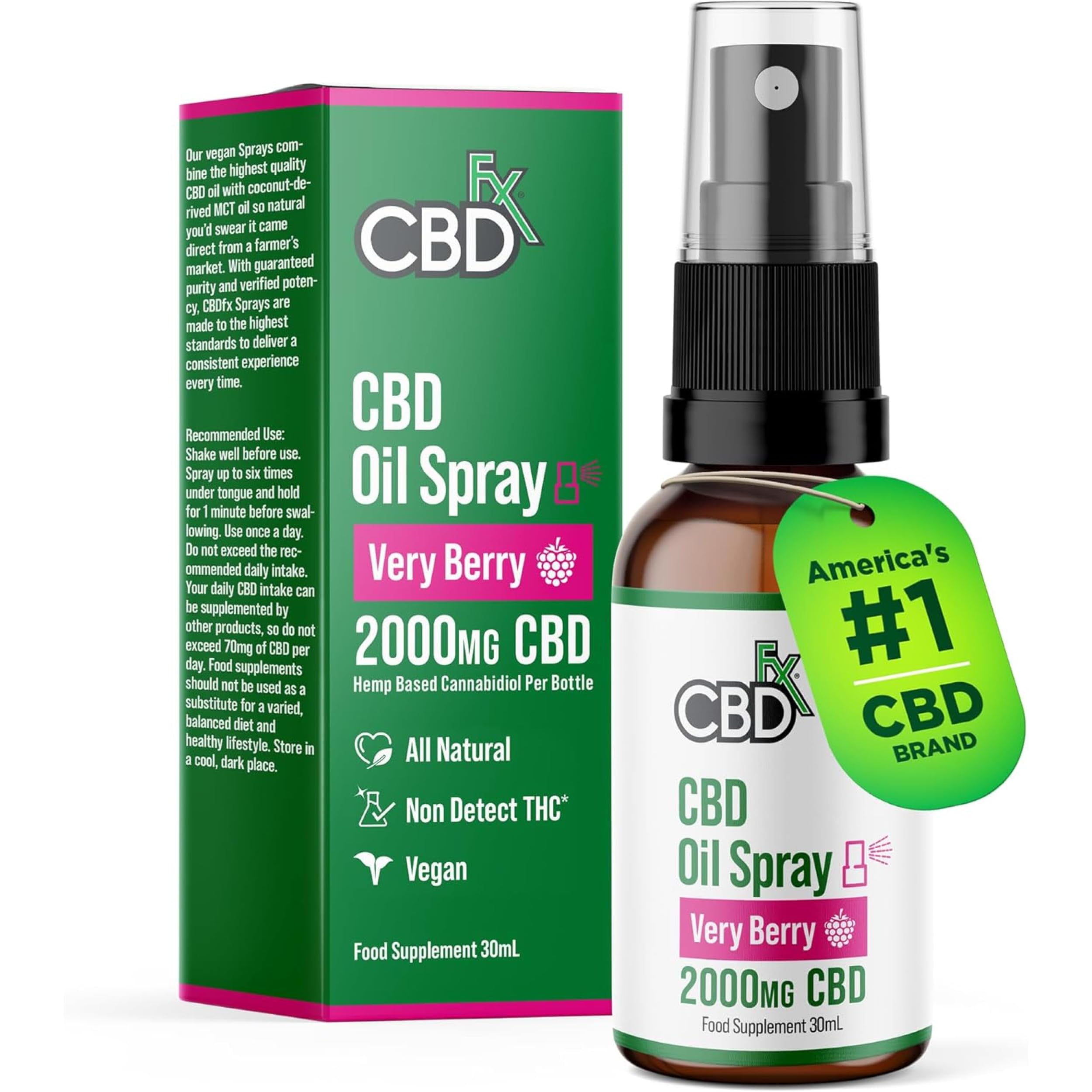 CBDFX 2000mg CBD Spray High Strength Flavoured CBD Oil Very Berry Vegan Non-GMO Blended with MCT Oil Improved Purity No THC 30 ml (40 Days)