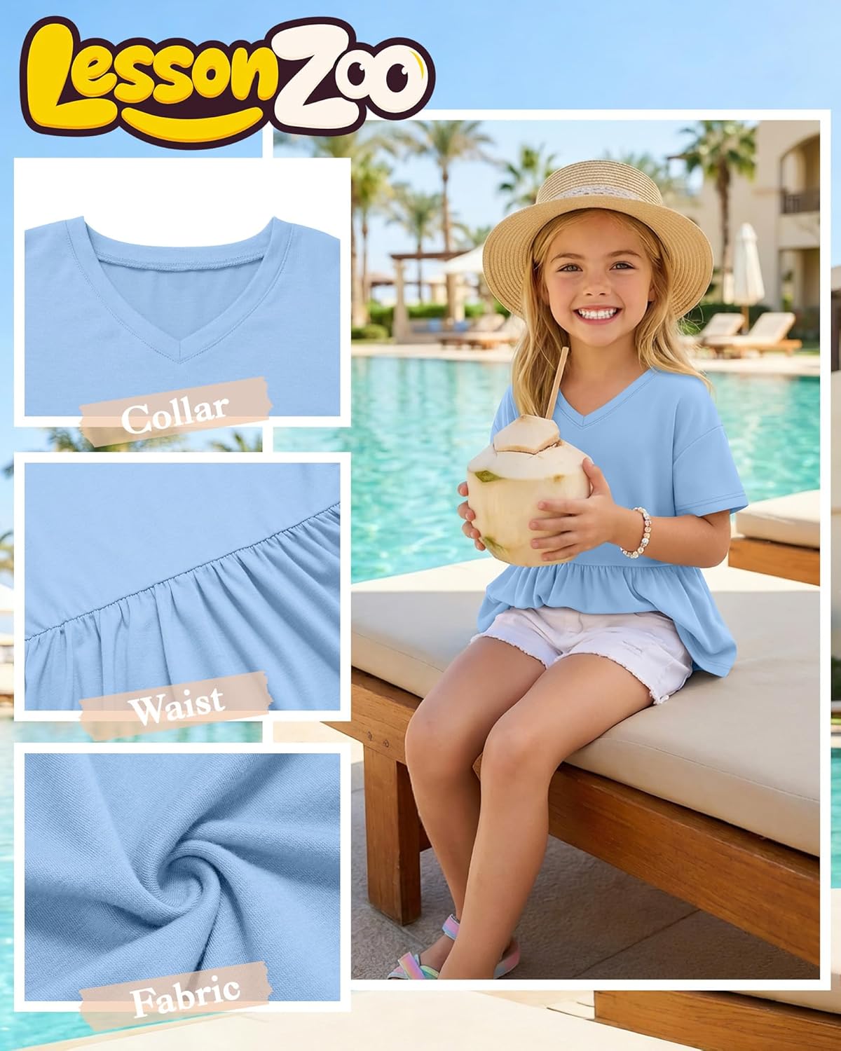 3 Pack Girl's Short Sleeve Shirts V Neck Peplum Babydoll Tunic Tees Casual Blouses with Ruffle Hem 5-14 Years