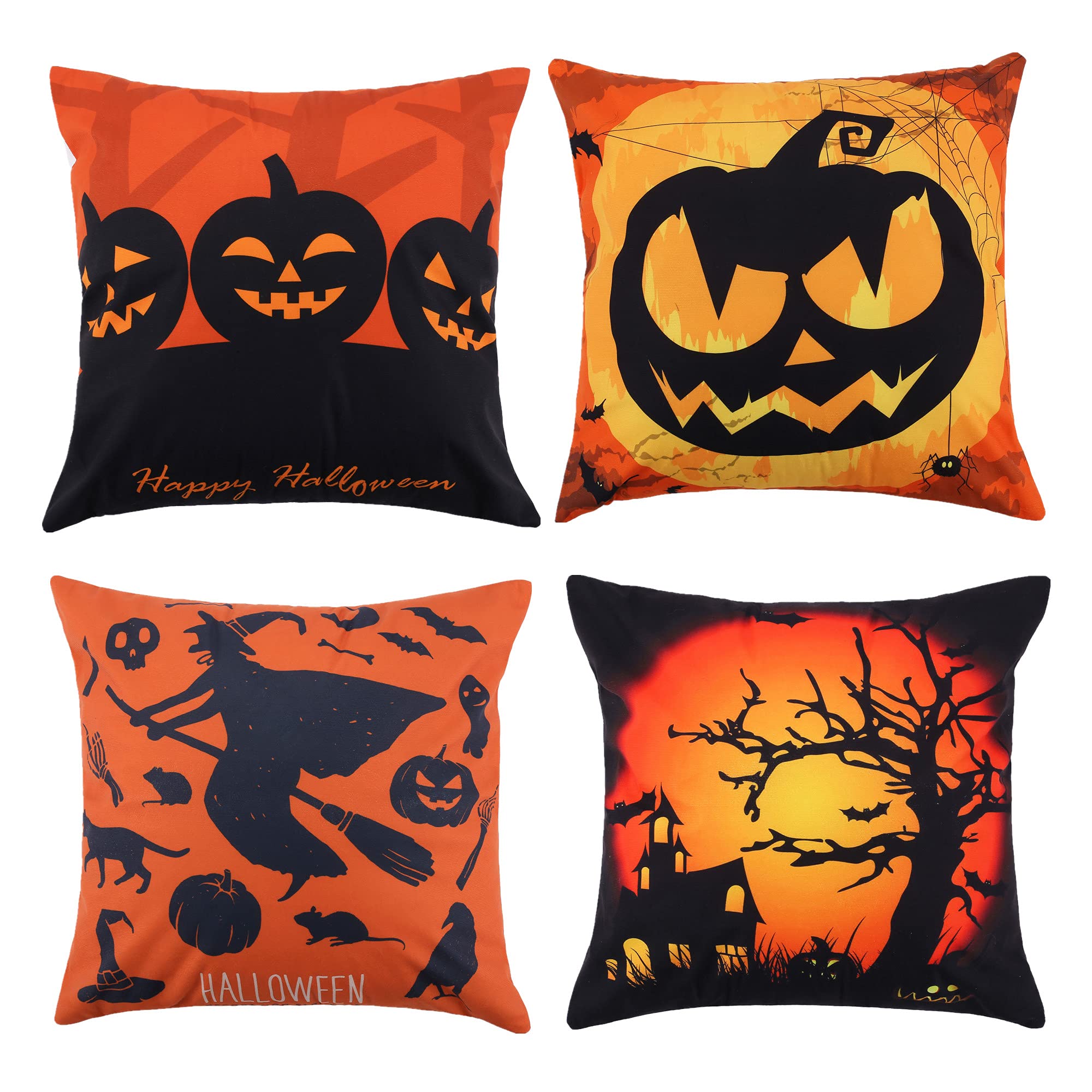 Tidorlou Halloween Pillow Covers 18×18 Inch Set of 4 Trick or Treat Pillow Covers, Pumpkin Ghost Pillowcases, Halloween Decorations Cotton Linen Pillow Cushion (Halloween)