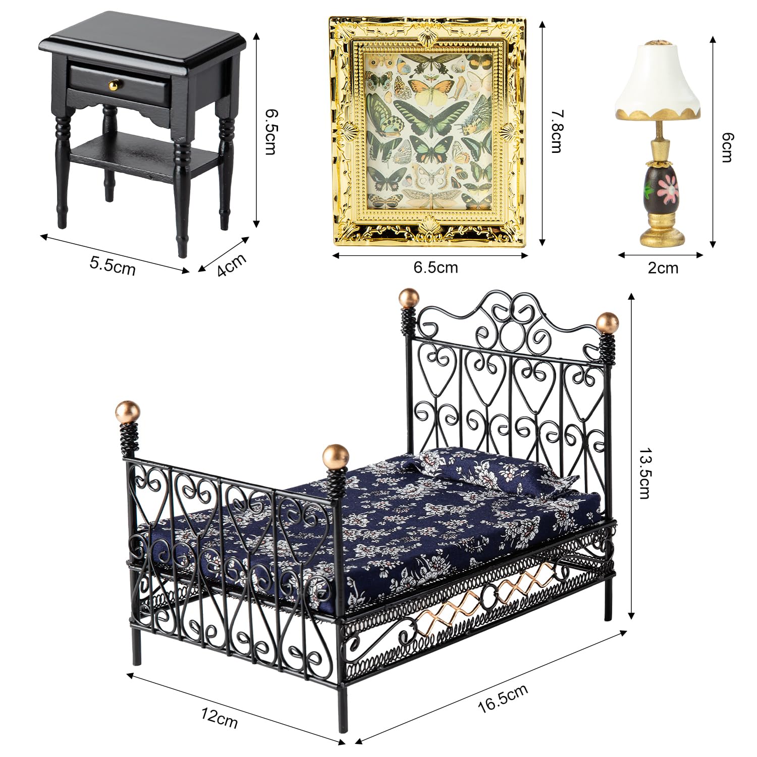 Minamzee 8Pcs 1:12 Dollhouse Bedroom Furniture Set Miniature Black Metal Bed with Bedding, Wooden Bedside Table, Lamp, Books - Image 2