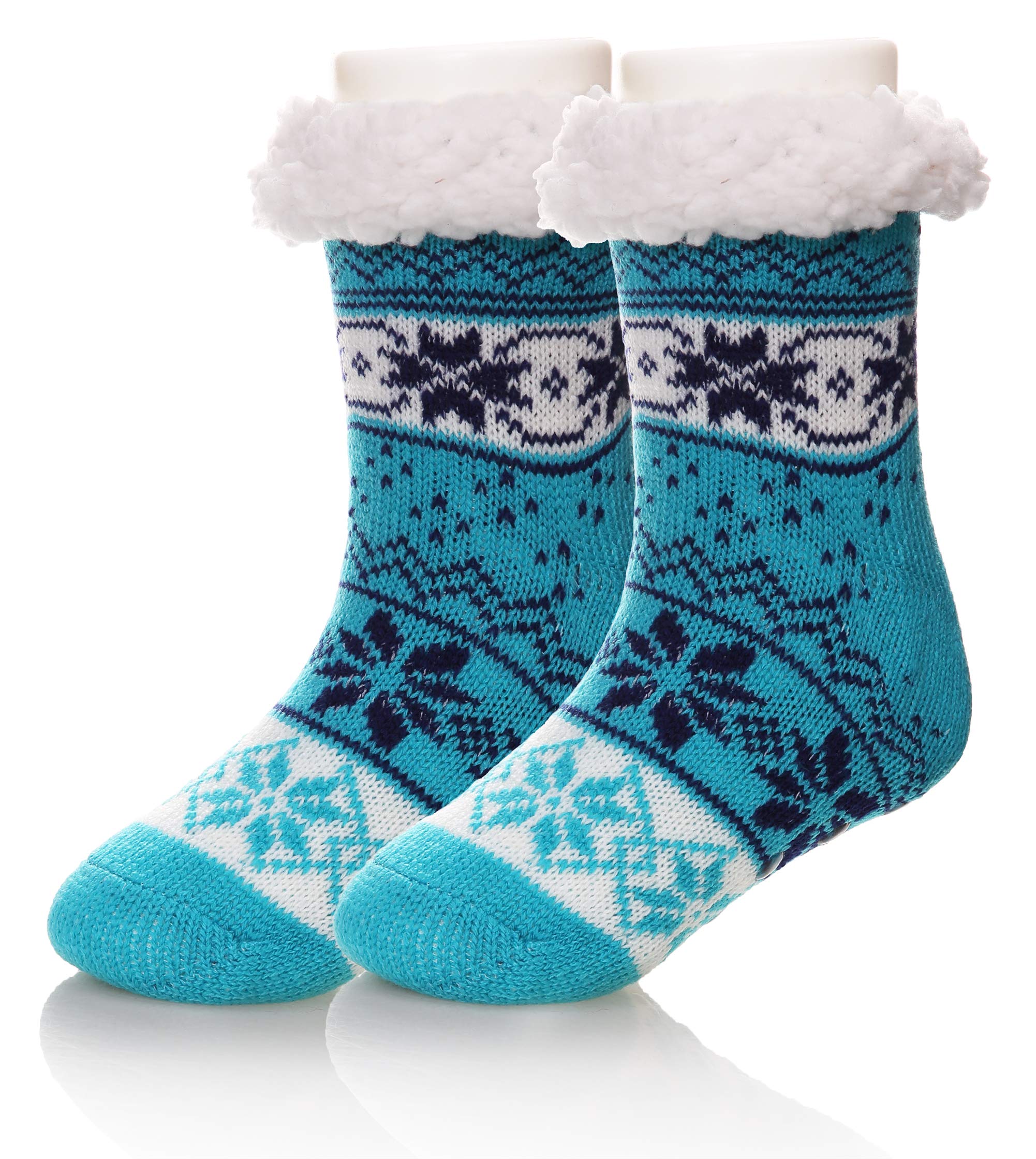 SeeyAN Kids Boys Girls Fuzzy Slipper Socks Cute Animal Soft Thicken Winter Thermal Fleece Warm Non-Skid Children Home Socks (Blue, 8-12 Years)