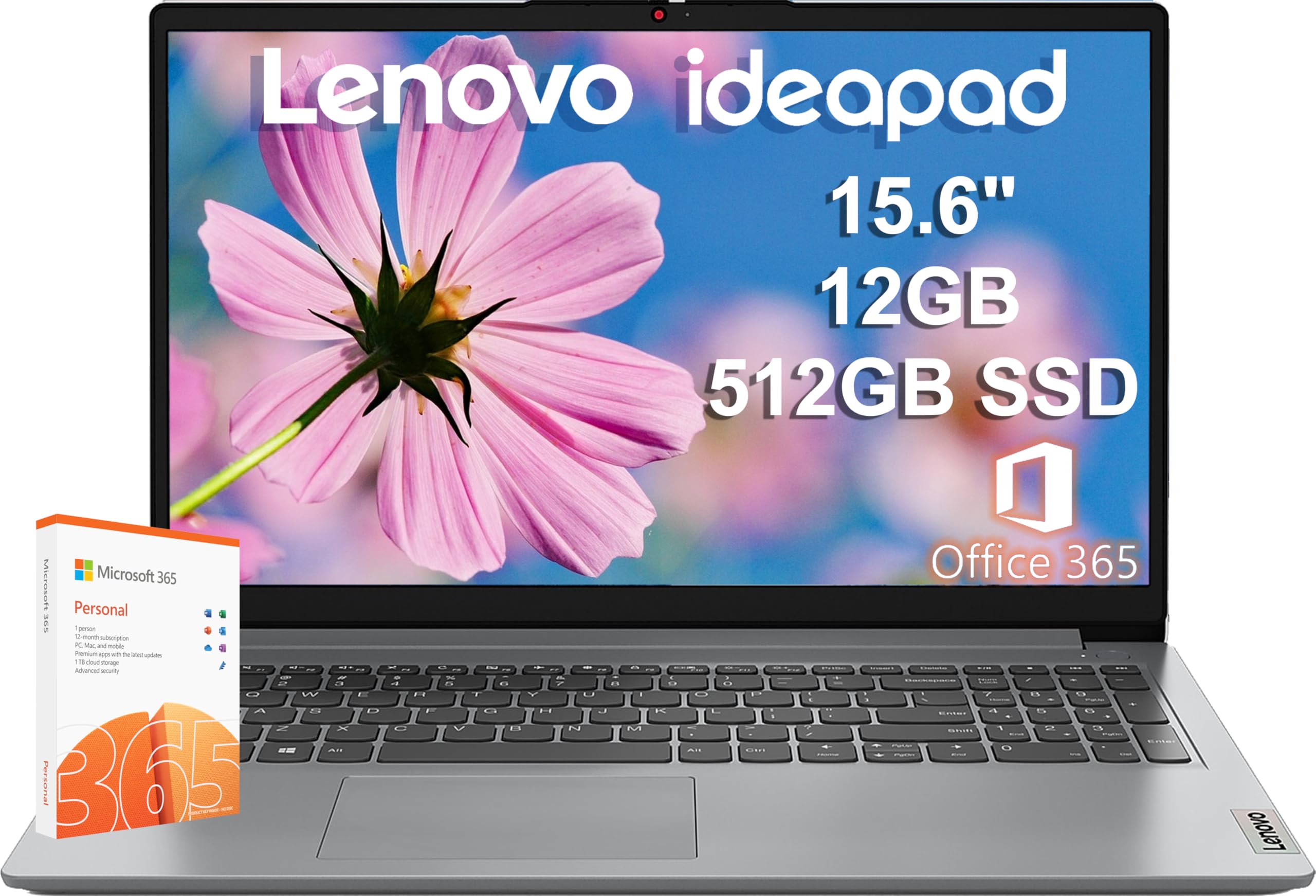 Lenovo IdeaPad 1i 15.6" HD Laptop (12GB RAM, 512GB PCIe SSD, 1-Year Microsoft Office 365, Intel Celeron N4500) for Student, Home, Business, Numeric Keypad, Webcam, HDMI, Wi-Fi 6, Win 11 Home in S Mode