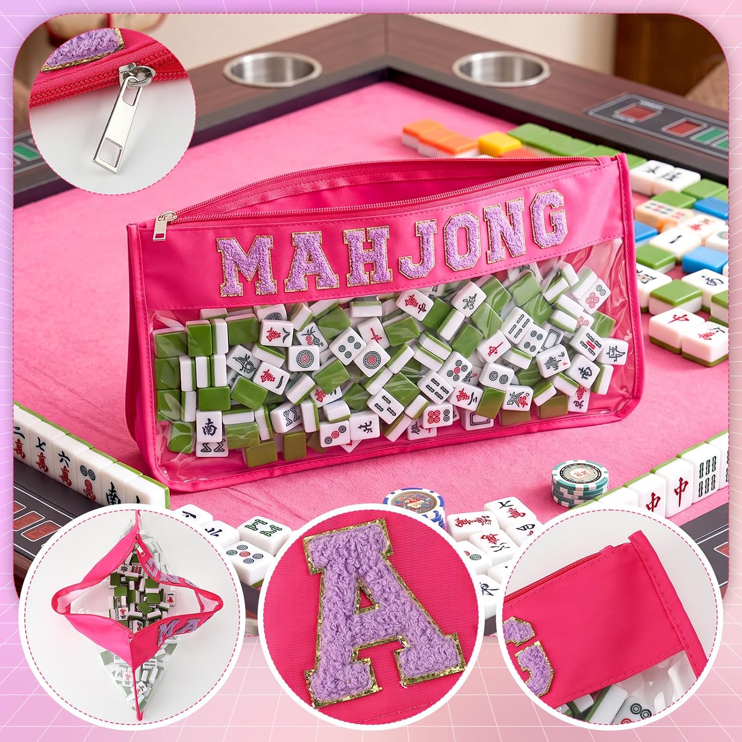 2 Pcs Mahjong Bags for Racks and Tiles Include Mahjong Tile Bag & Rack Bag, 37 Inch Protective Sleeve Tile Gift Accessory & Letter for Mah Jong Pusher, Not Include Racks& Tiles(Rose Pink)
