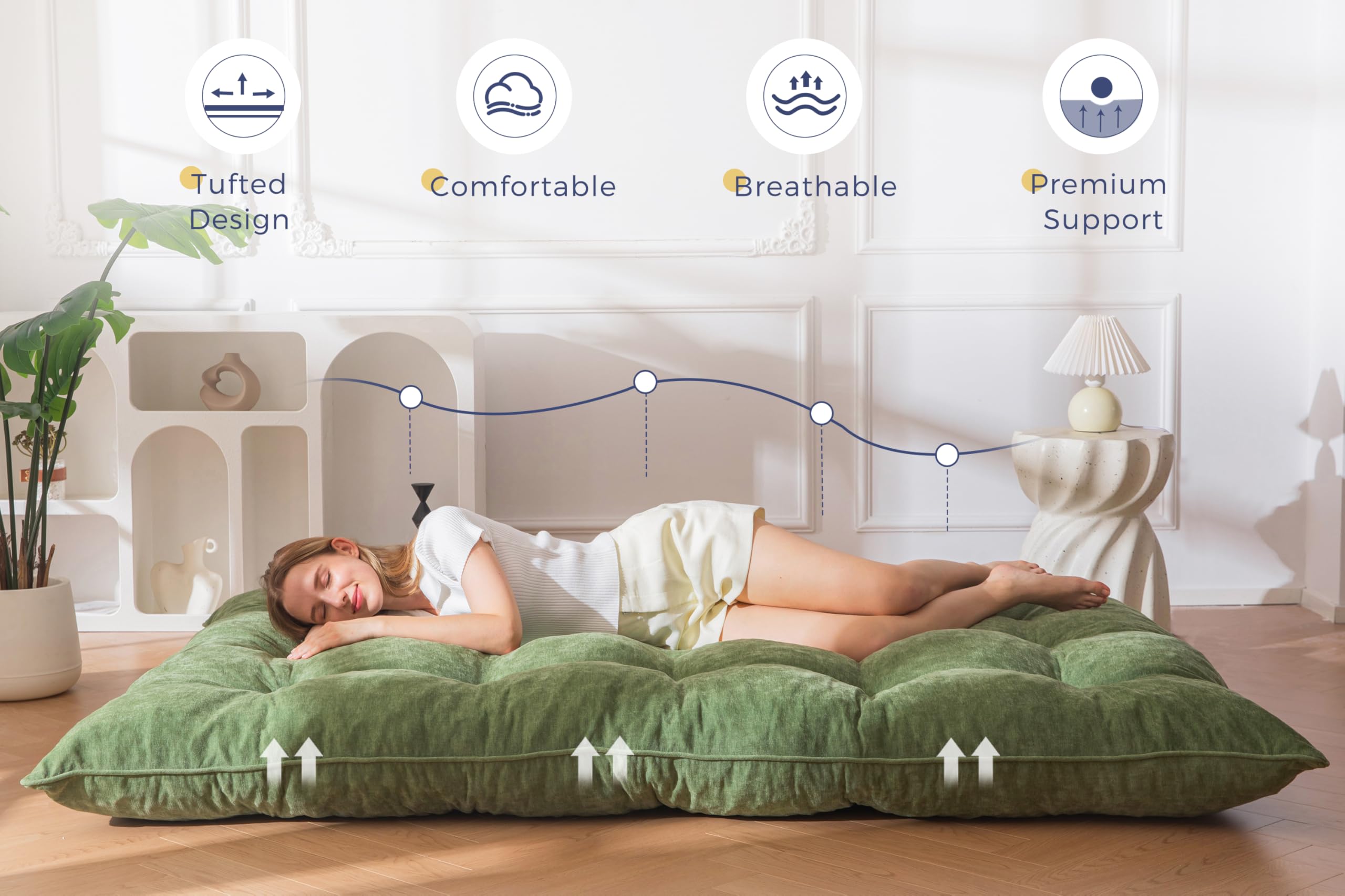 MAXYOYO Materasso Futon Tessuto-Chenille, 15cm Spessore, Rollisci Divano-Letto Pieghevole Riempito Spugna-Schiacciata, Craft-Bottoni, Pratico Tappetino-Pavimento Pieghevole (Escluso Struttura-Letto)