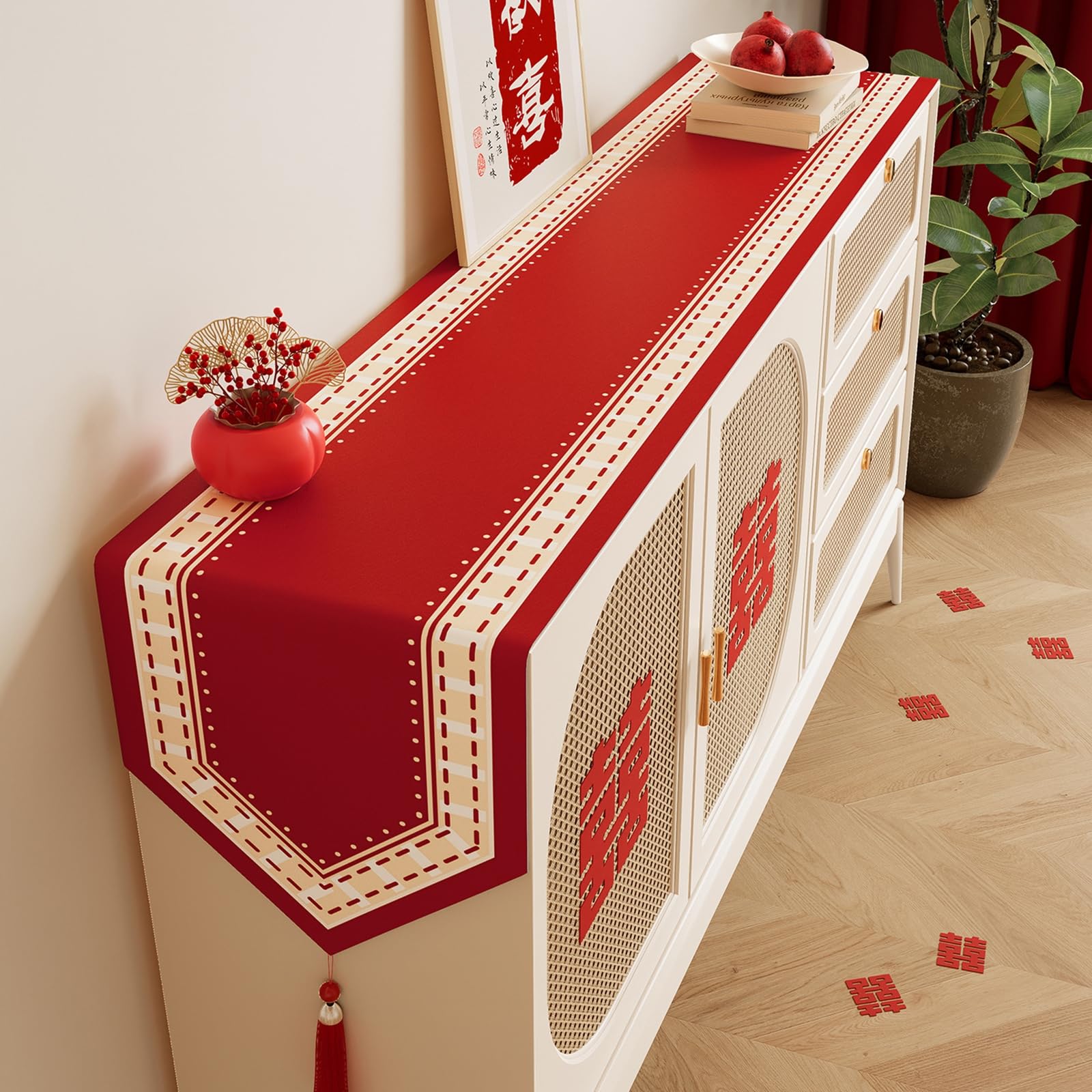 Beige Gelb Rot Tischläufer Baumwolle Leinen, Esstisch Tischläufer Abwaschbar Geometrisch Gestreift Muster mit Quasten Tischdecke für Esszimmer Dekor, 30x380 cm, Beige Gelb Rot