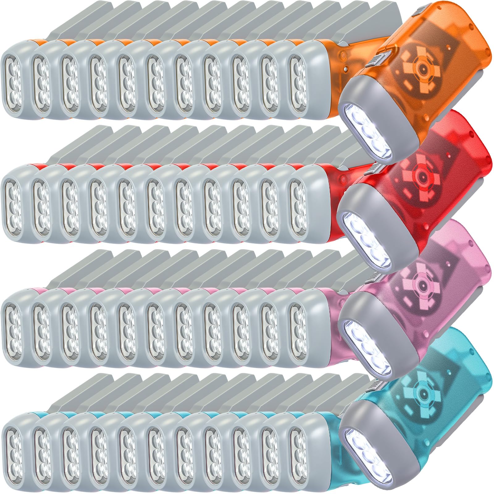 Leelosp Lot de 48 lampes de poche à manivelle - Pas de piles nécessaires - Lampe torche à manivelle - Pour camping, randonnée, panne de courant - Cadeau (rouge, rose, bleu layette, orange)