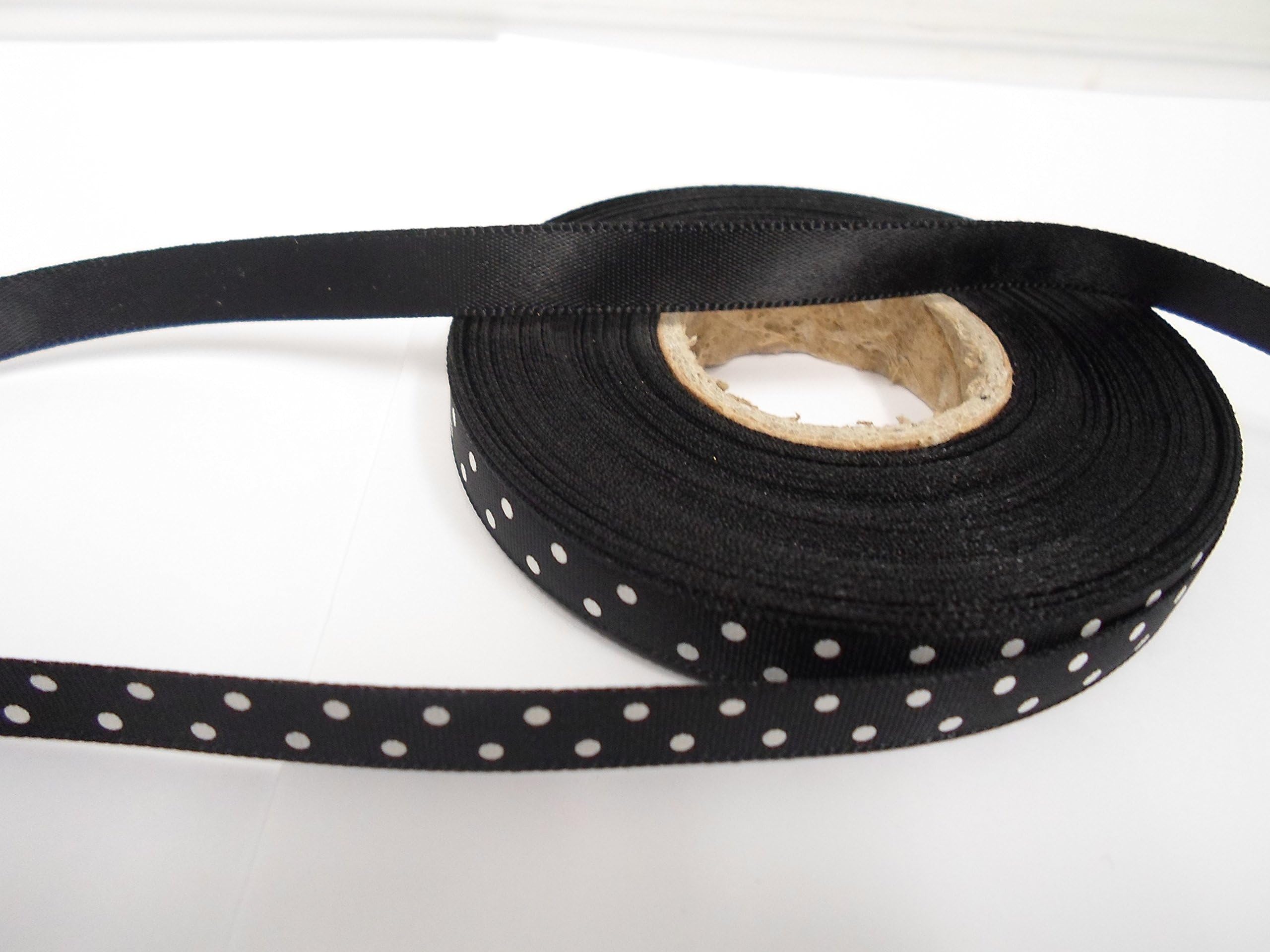 2 metres x 10mm Polka dot Satin Ribbon Black with White Spots dots 10 mm 1cm