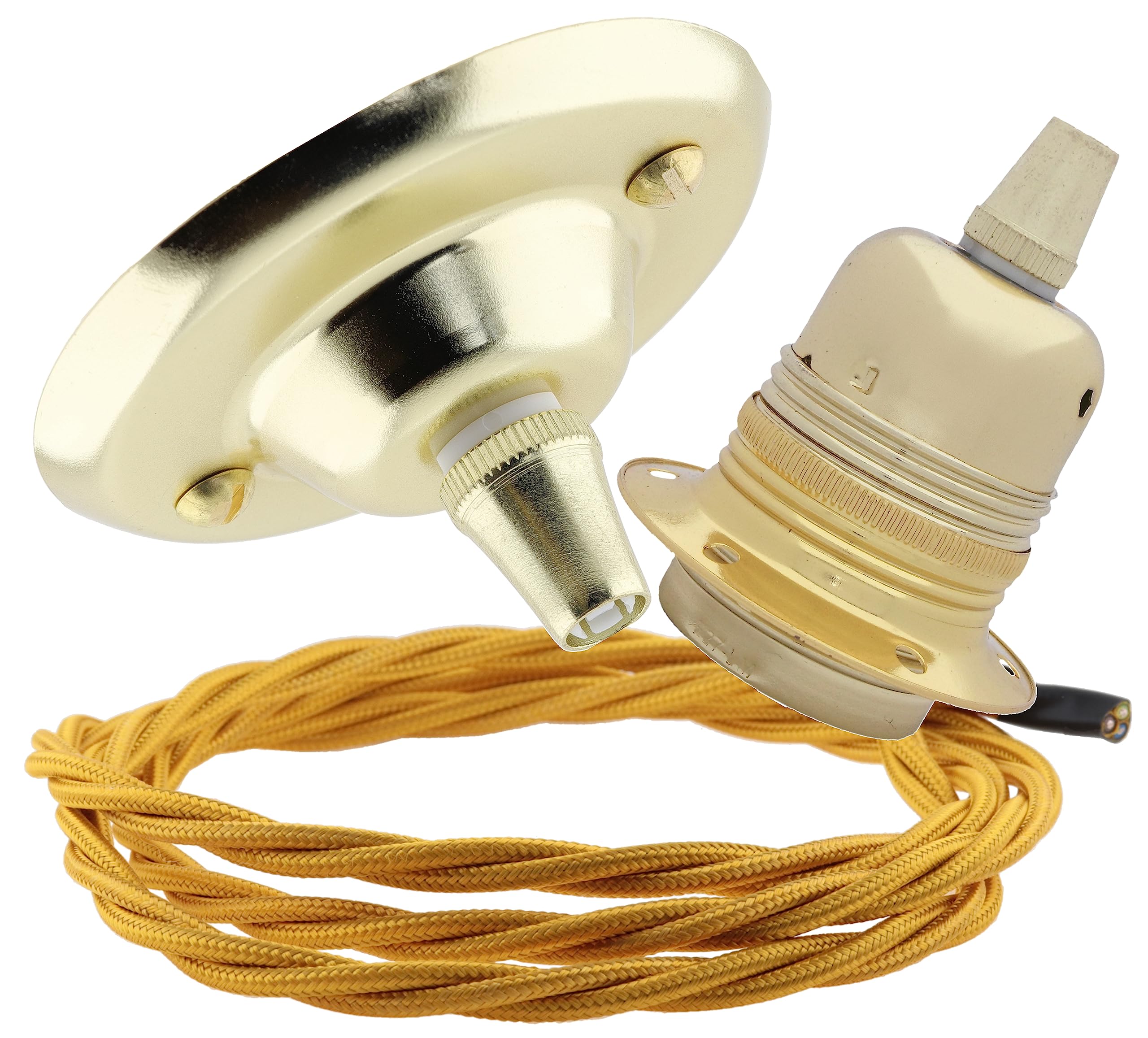 Repaireum Ltd. Vintage Styled Ceiling Pendant Kit incl. Polished Brass Effect Rose, E27 Bulb Holder and 3 Core Gold Braided Twisted Flex