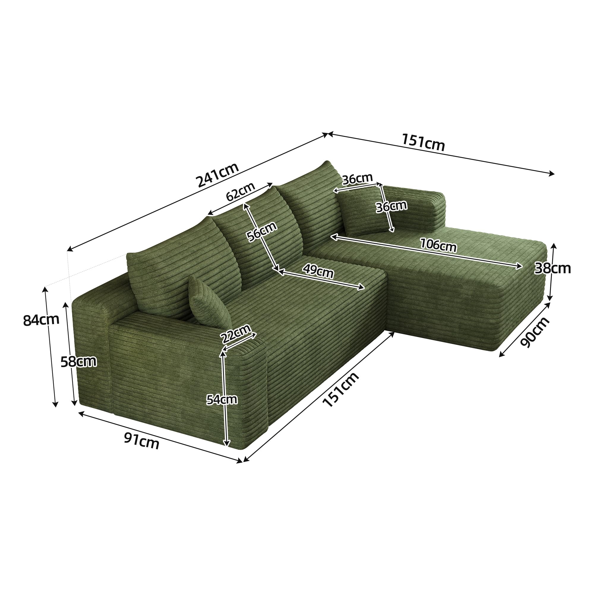 Canapé d'angle Modulaire en L De 241 Cm, Canapé Lit 3 Places, Canapé Bas en Velours CôTelé avec Pouf, Autoportant, sans Montage, pour Salon Et Chambre (Vert, Rechte Chaiselongue)