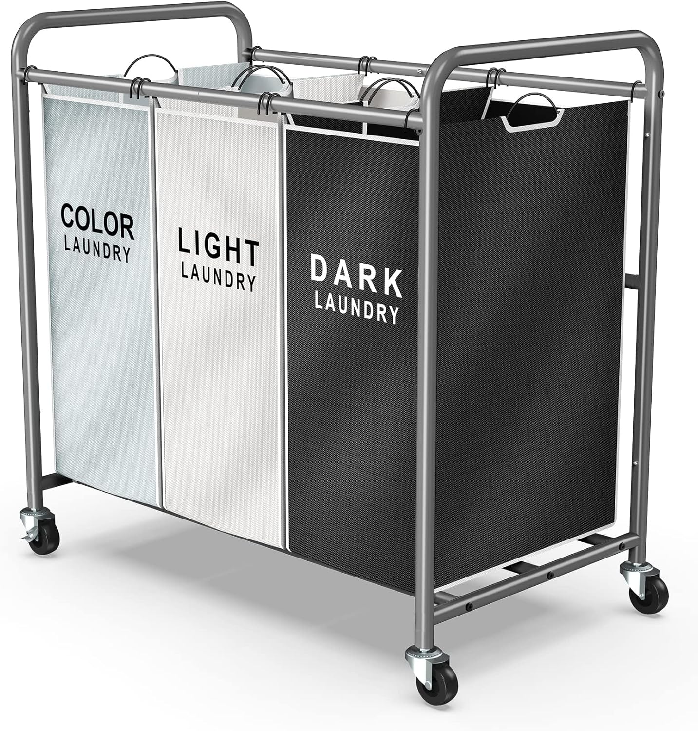 ROMOON Laundry Sorter Hamper 3 Section, Divided Laundry Basket Organizer with Heavy Duty Lockable Wheels and Removable Bags, Rolling Clothes Hamper for Apartment, Dorm & Family (130L Neutral Gray)