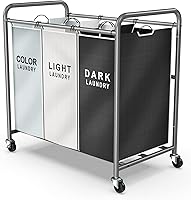 Vista 8 de ROMOON Clasificador de ropa resistente de 3 compartimentos, cesta con forro extraíble y ruedas, organizador que ahorra espacio para lavandería