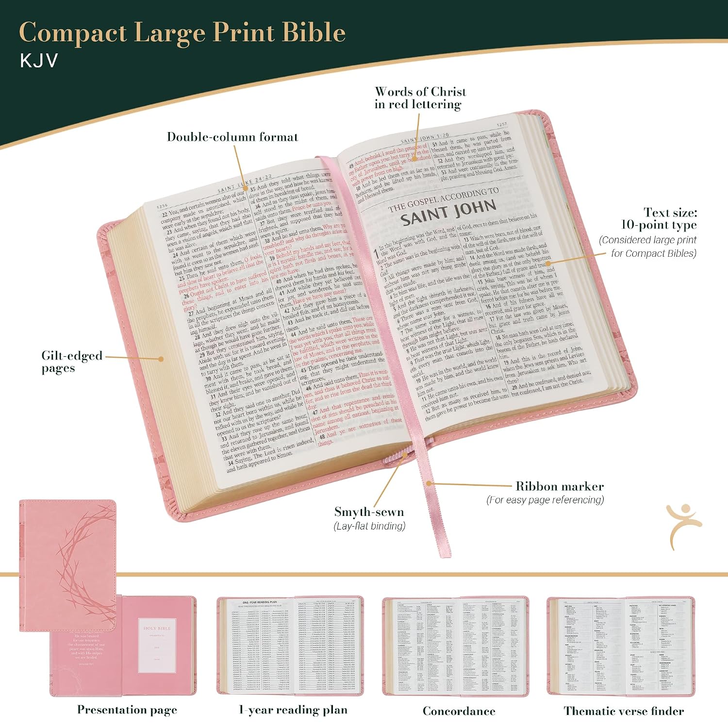 KJV Holy Bible, Compact Large Print Vegan Leather Red Letter Edition - Ribbon Marker, King James Version, Pink