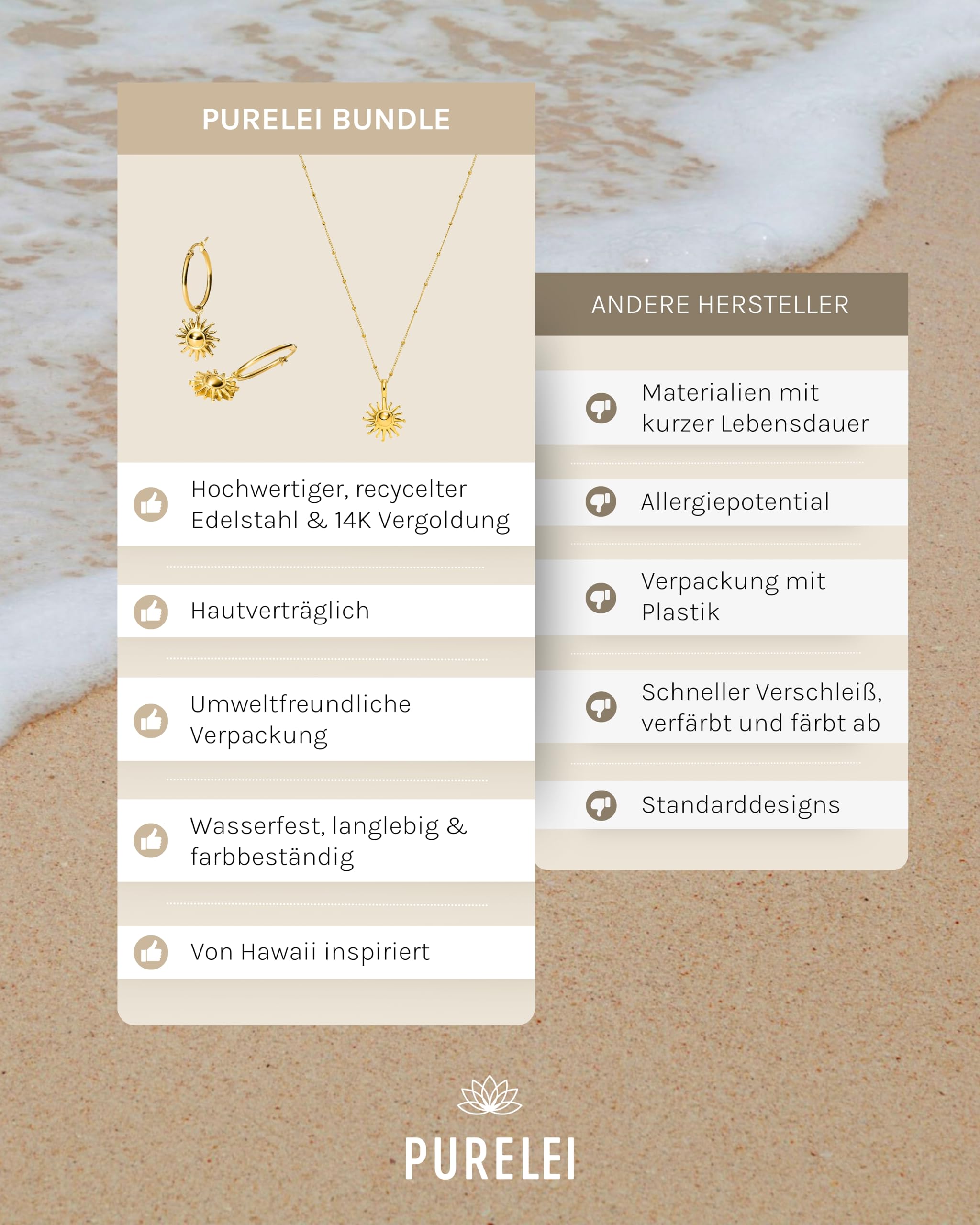 Purelei Inner Sun Bundle Kette & Ohrringe – Schmuck Set aus Kette Damen und Ohrring aus Edelstahl (14K vergoldet) – Verstellbare Länge – Hawaiianisch inspiriert & wasserfest