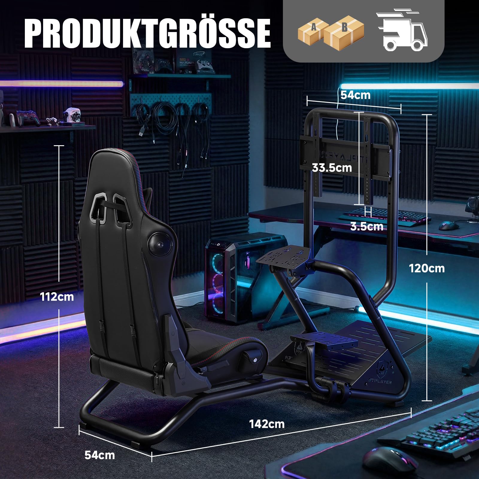 GTPLAYER Simulator Cockpit Rennsimulator Lenkradständer mit 3D-Stereo-Lautsprechern, Monitorhalterung, verstellbarer Lenkradhalterung, Schalthebelhalterung und Fußpedalen (Schwarz)