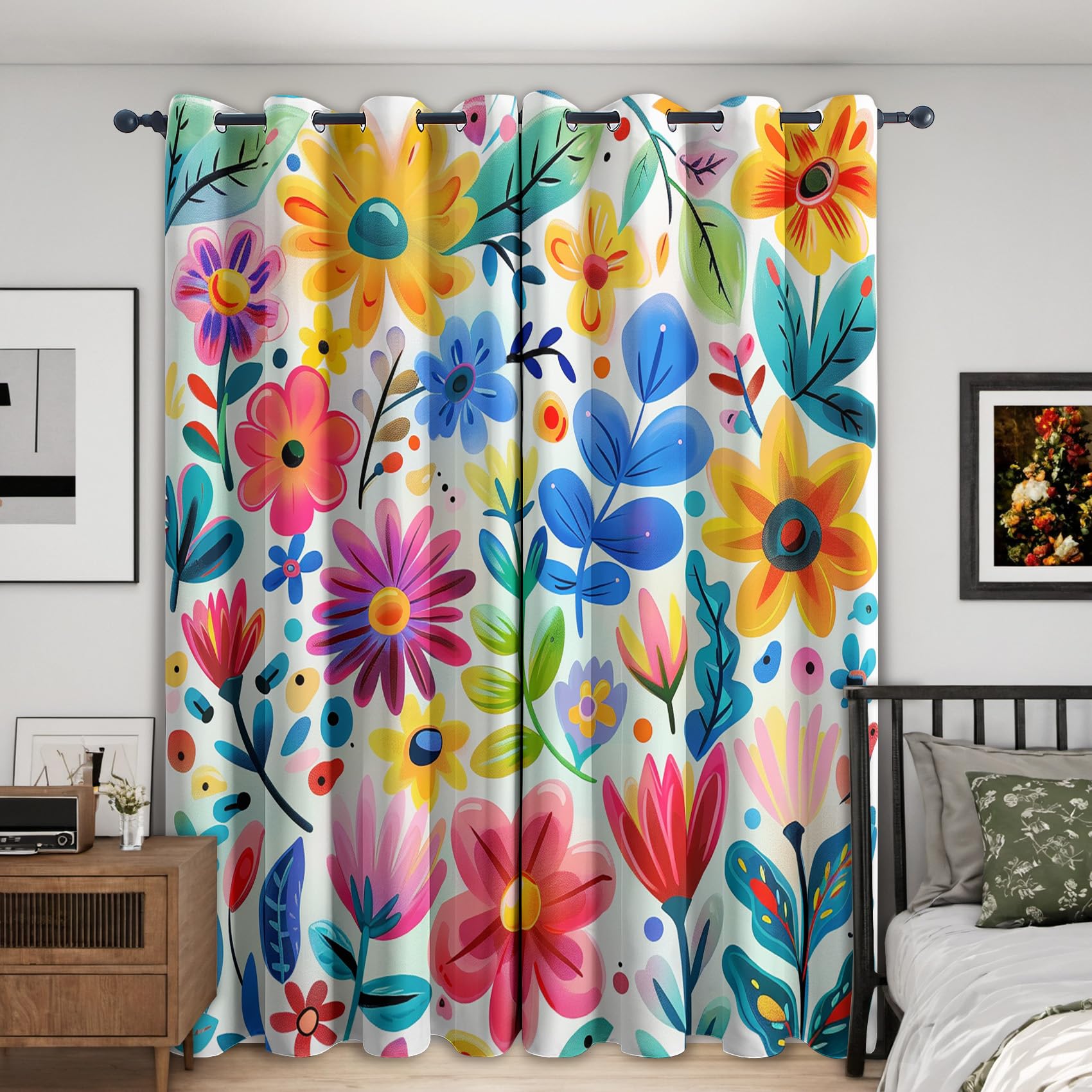 Bunt Geblümt Vorhänge, Verdunklungsvorhänge mit Muster Bunt, Vorhang Blickdicht mit Ösen, Gardinen für Wohnzimmer Schlafzimmer Deko 2er Set - 137x117 (H X B)