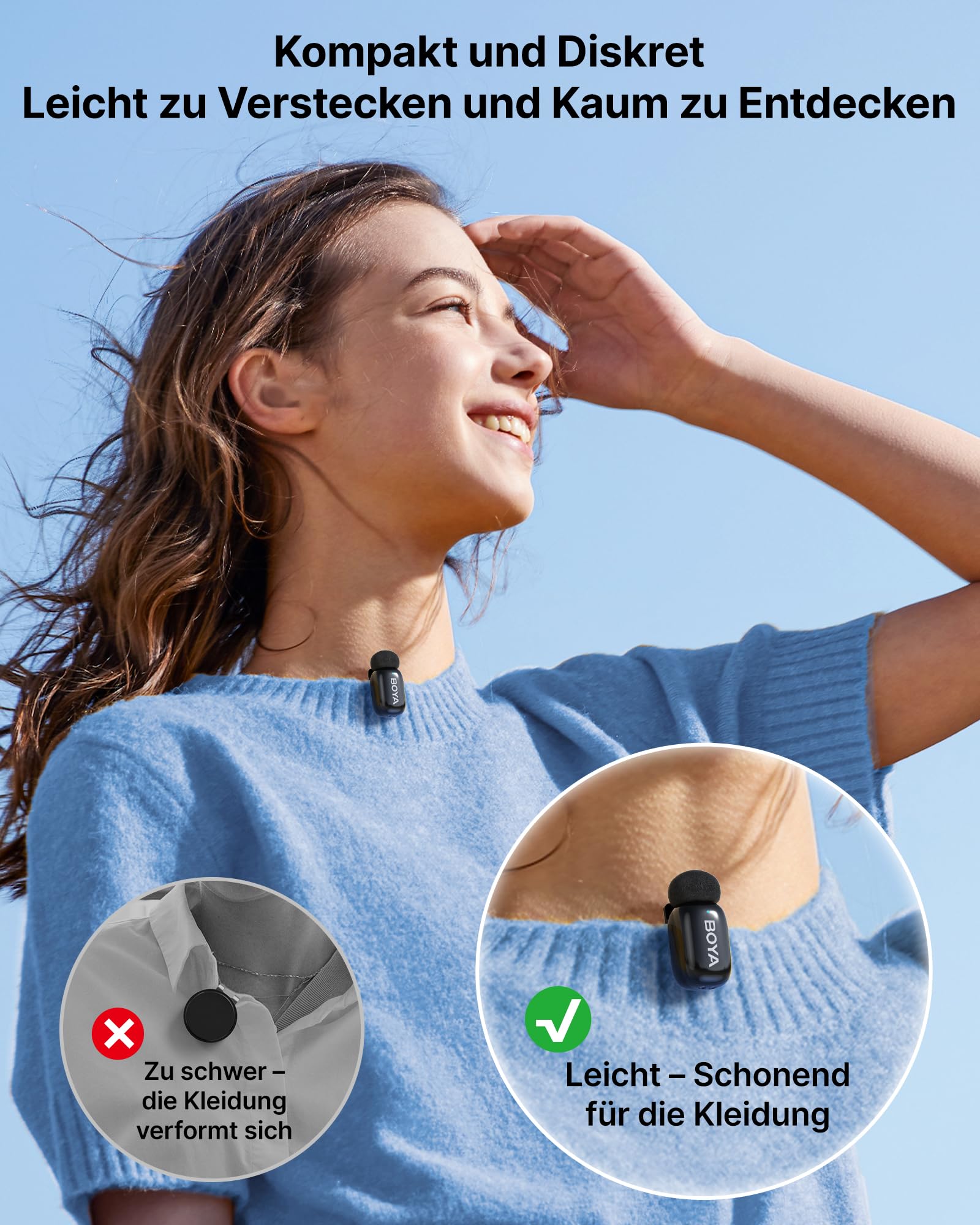 BOYA MINI Mikrofon Handy (2 Sender + 1 USB-C Empfänger + Ladeschale), 5g Ultraleicht, 48 kHz 24 Bit, Ansteckmikrofon, Kabelloses Lavalier-Mikrofon für iPhone, Android, Vlog, Rauschunterdrückung
