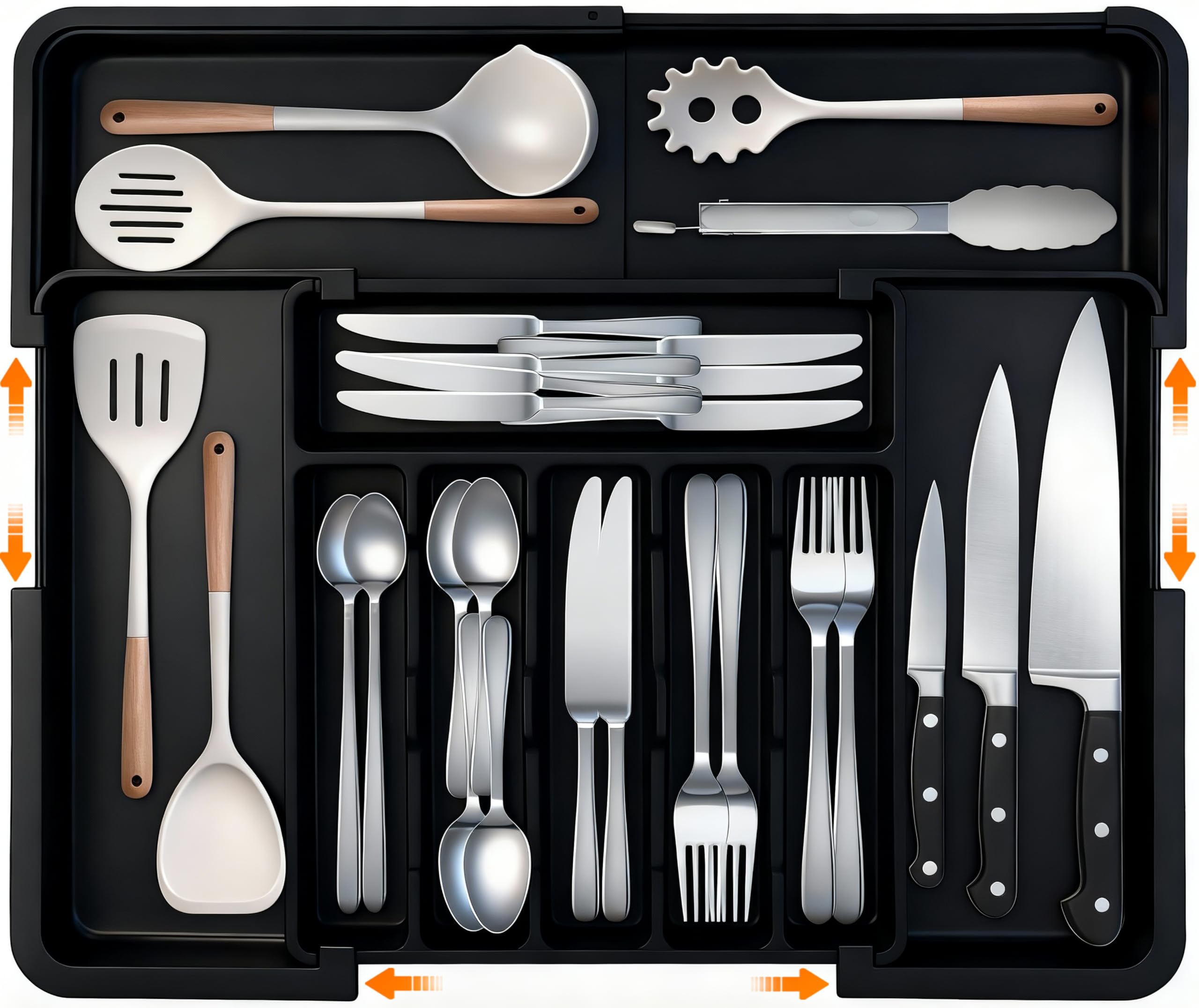 Range couverts pour tiroir, organisateur tiroir cuisine, antidérapant et étanche, sans BPA, 9 compartiments, grande capacité, extensible 33×37 à 48×56 cm, convient à tous les tiroirs