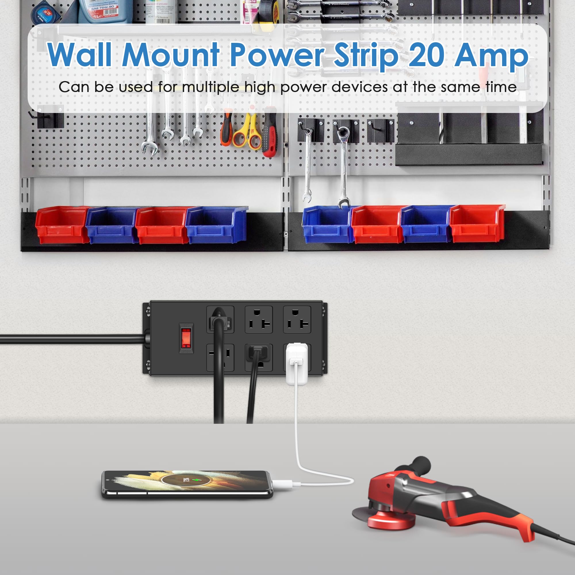 JUNNUJ - Regleta de alimentación resistente de 20 amperios, 6 salidas de metal, calibre 12, protector de sobretensiones de 3000J, adaptador de amplificador alto 5-15P Shop 6-20R con ranura en T