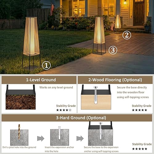 Miniatura 5 de Juego de 2 lámparas de pie para exteriores, faroles solares de ratán impermeables para exteriores, para balcón, terraza, jardín y patio (natural)