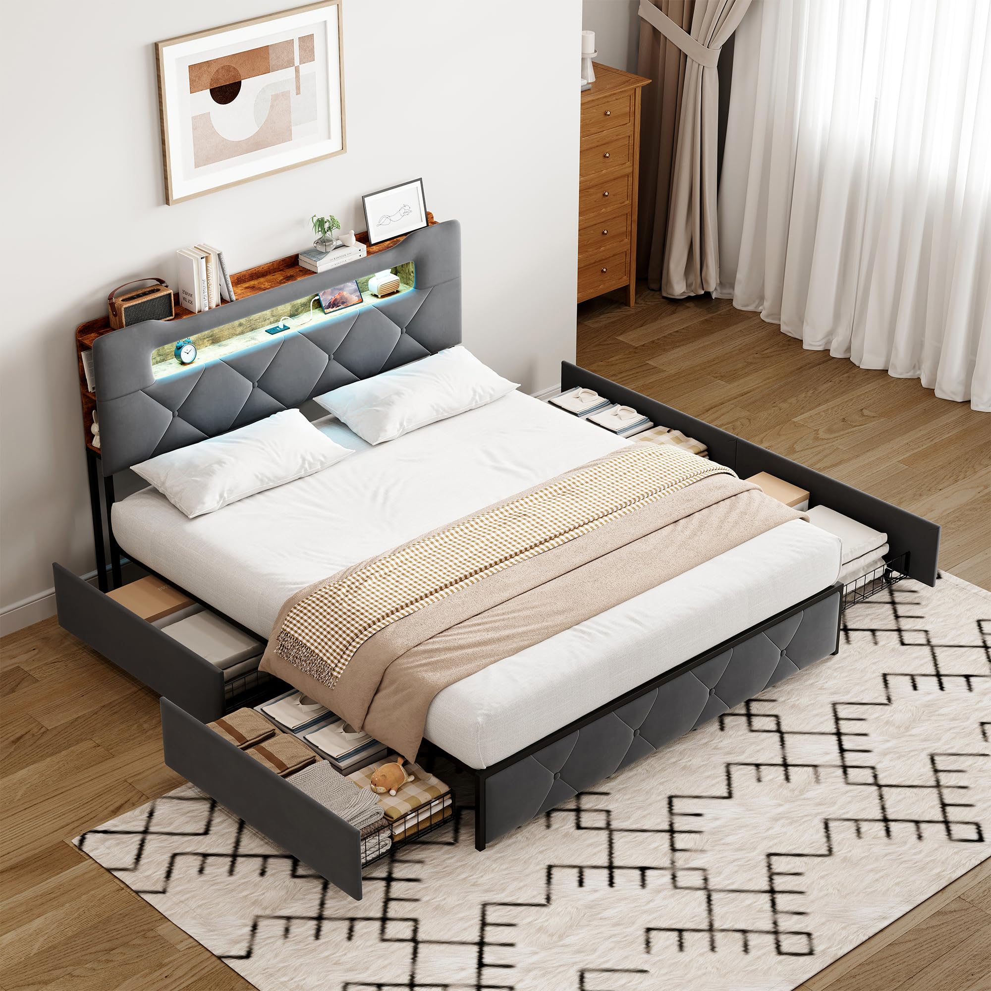 CDQL Łóżko tapicerowane podwójne 160 x 200 cm z 4 szufladami, łóżko młodzieżowe ze złączem USB i oświetleniem LED, zagłówek ze schowkiem, łóżko dla gości, łóżko funkcyjne, aksamit, szare
