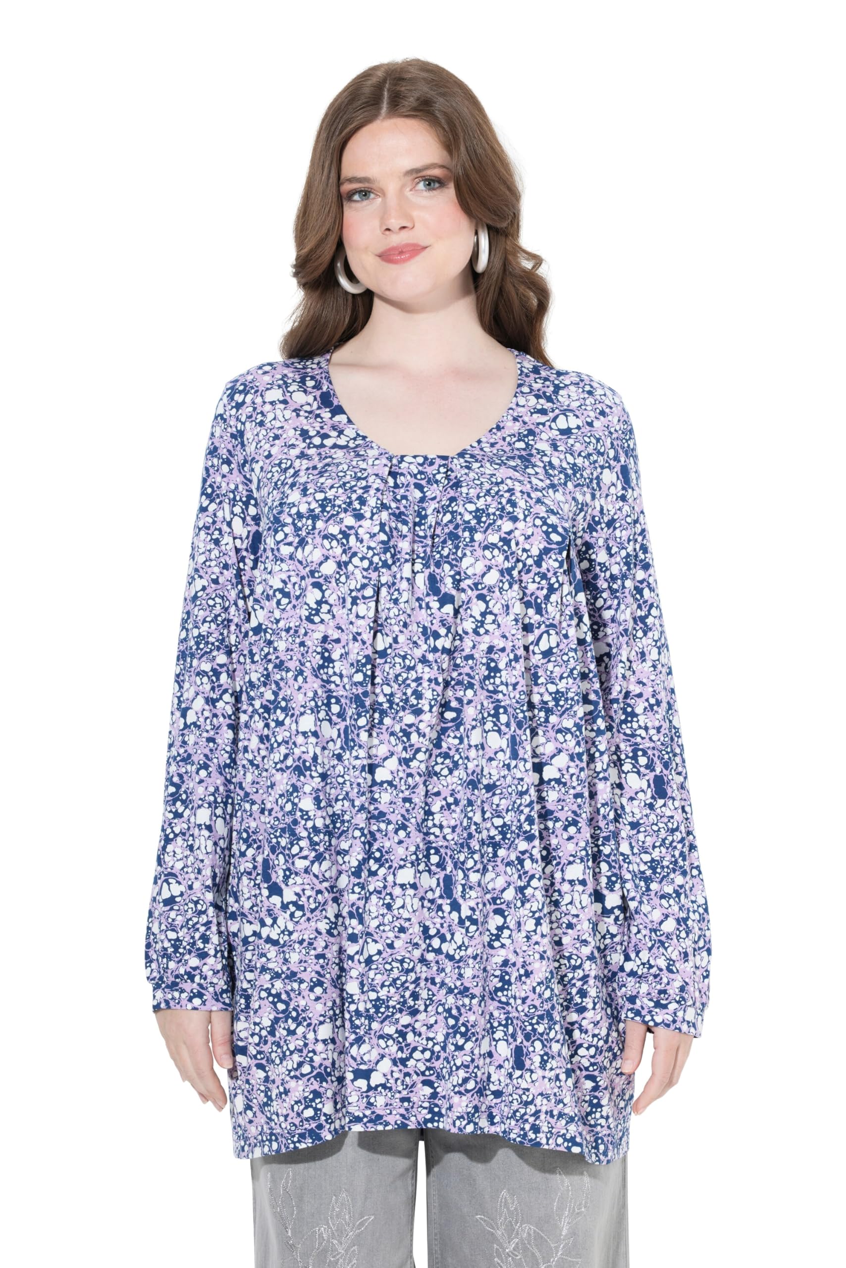 Ulla Popken Damen große Größen Übergrößen Plus Size Shirt, A-Linie, Zierfalten, Carré-Ausschnitt, Langarm 841673