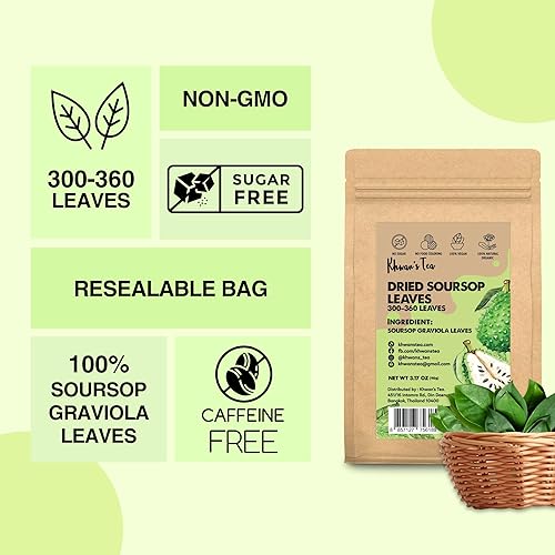 Miniatura 2 de Khwan's Tea Té de hojas de guanábana premium, 300++ té de hierbas de hoja entera de guanábana, sin cafeína, sin azúcar, sin gluten, sabroso y rico