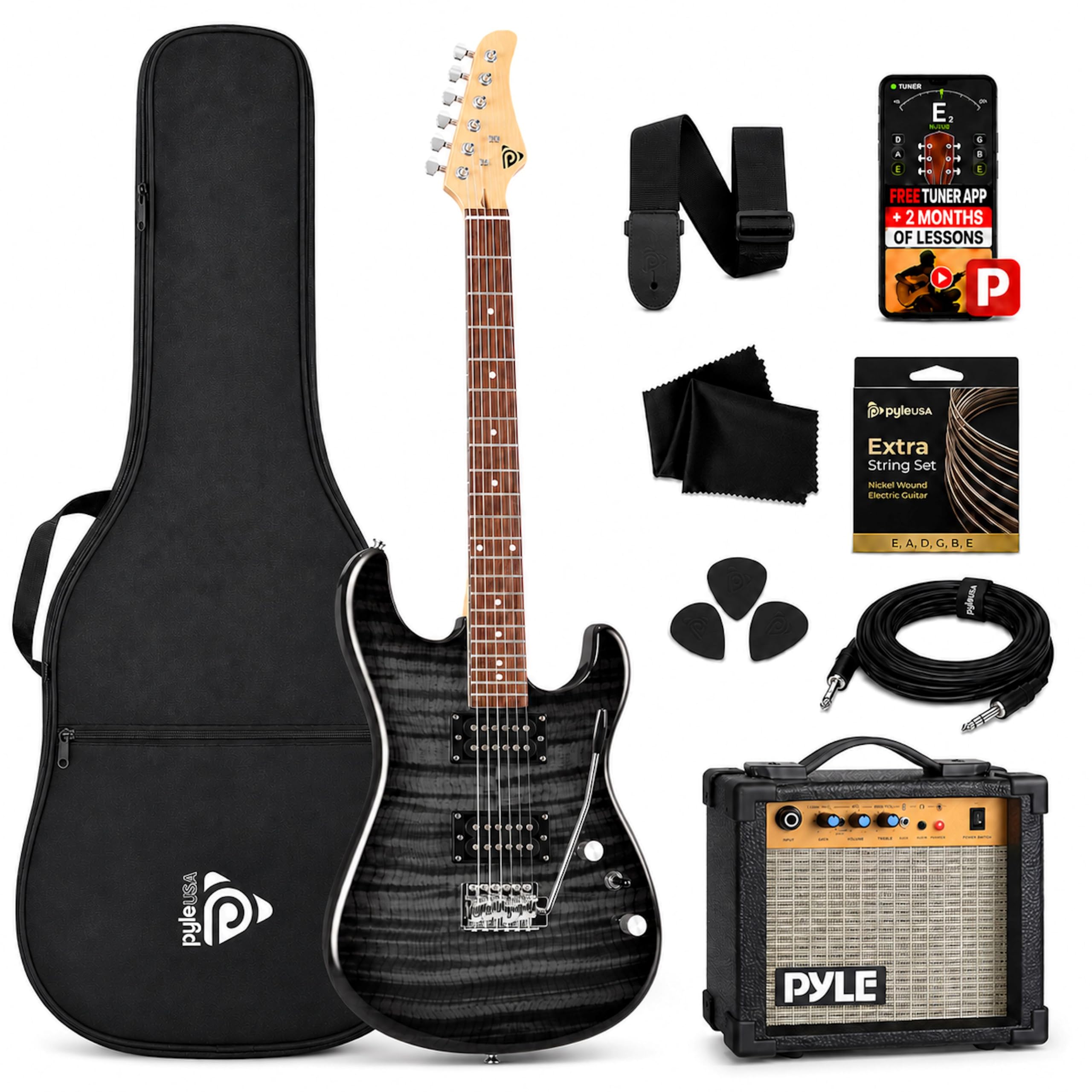 Pyle Kit Guitare Électrique Noir avec Amplificateur pour Débutants, Instrument Standard 39 Pouces avec Micros Humbucker, Set de Démarrage pour Enfants, Jeunes et Adultes