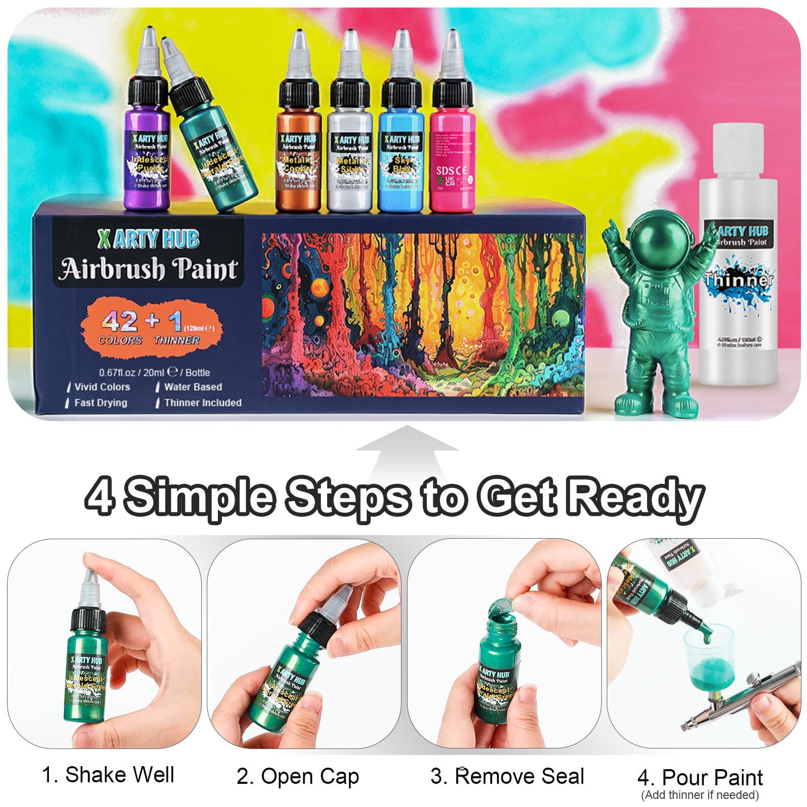 Set de Peinture Aérographe - 42 Couleurs avec 120 ml Diluants | Prêtes à l'Emploi, Peintures pour Aérographe Acryliques à Base d'Eau, Irisées, Néon et Métalliques