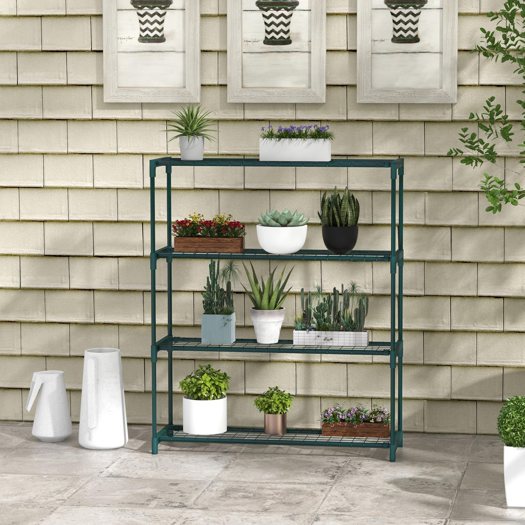 Outsunny Estantería para Plantas de 4 Niveles Soporte para Macetas de Acero para Jardín Terraza Patio 89x28x107 cm Verde Oscuro