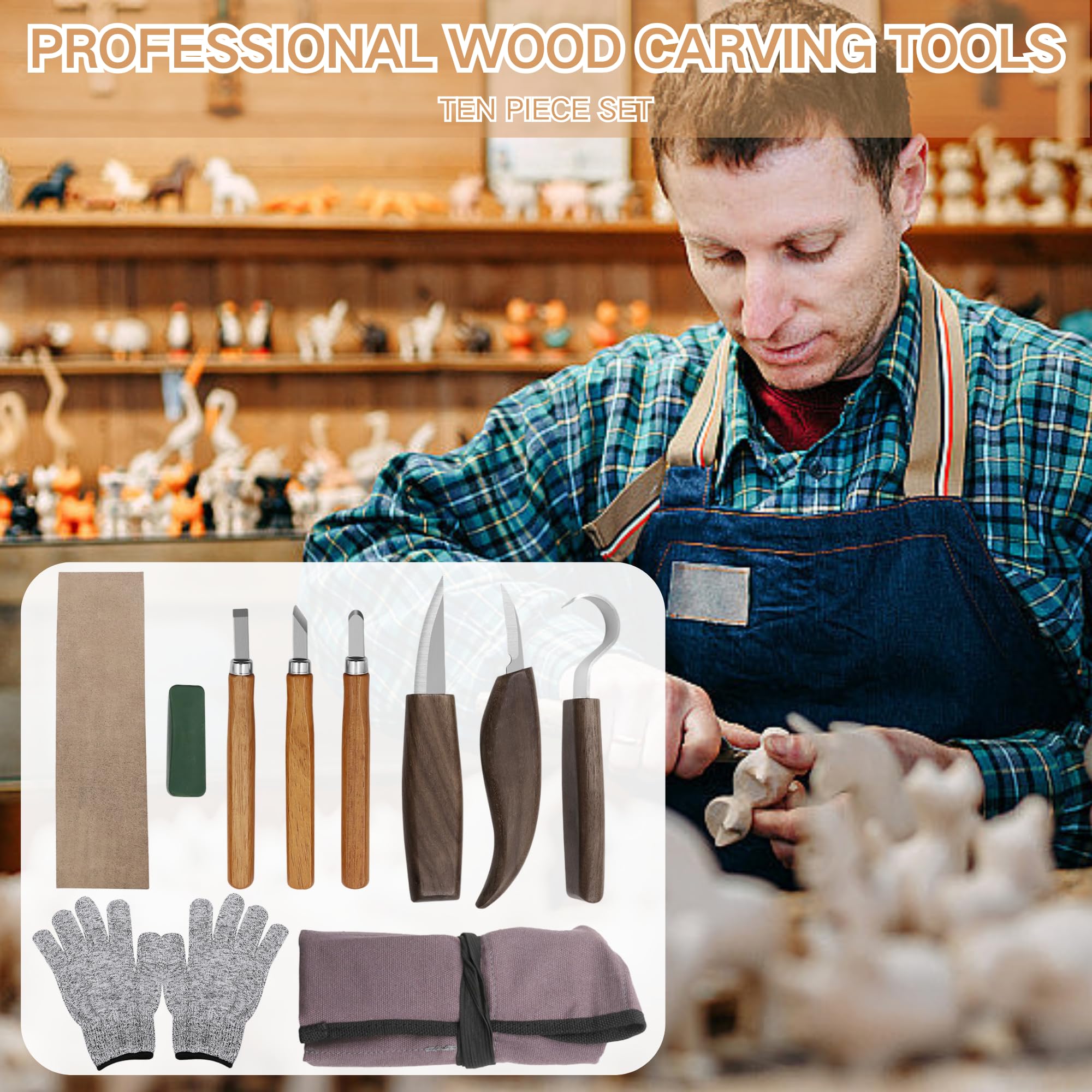 Wood Carving Tools Pack, 10PCS Outils Sculpture Sur Bois, Kit d'Outils de Sculpture Sur Bois 10 en 1, avec 6 Couteaux de Sculpture, gants Résistants Aux Coupures, pour Débutants/Professionnels