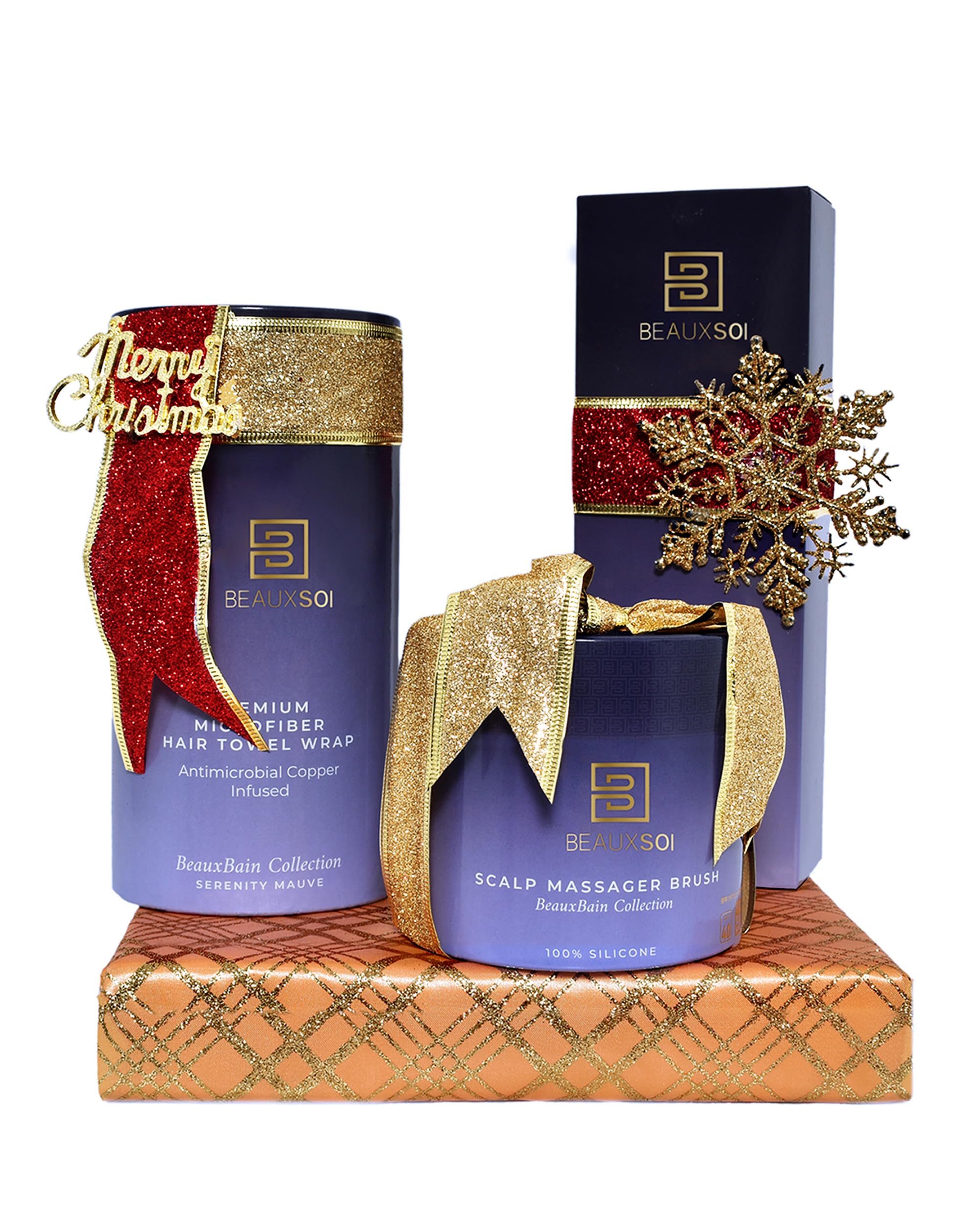 Beauxsoi Luxury Hair Care Trio: Festive Christmas Gift Set for women - Includes Silicone Scalp Massager, Wet/Dry Professional Vented Brush, and premium Ultra-Absorbent Hair Towel Wrap