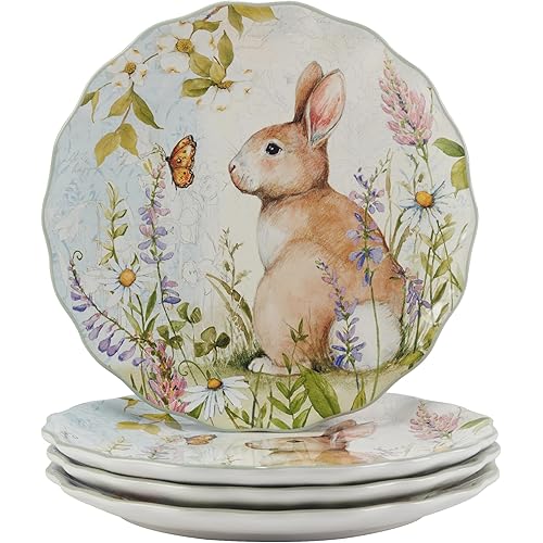 Easter Meadow 11-Inch Dinner Plates,Set of 4 – Whimsical Bunny & Floral Design, Spring Tablescape – Enjoy large portions. Microwave & Dishwasher Safe