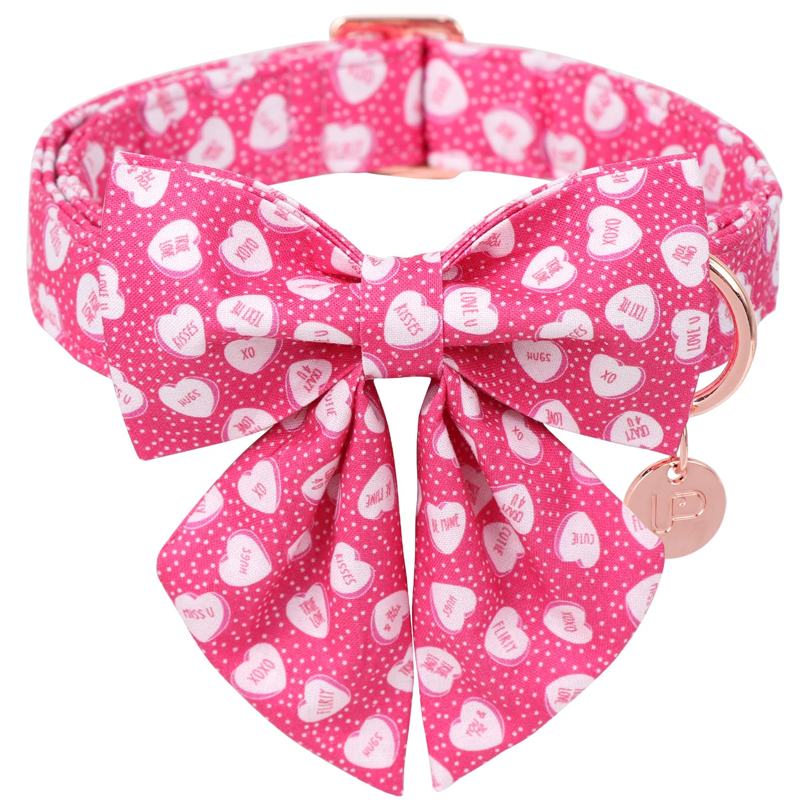 UP URARA PUP Valentine’s Dog Collar with Bow Tie, Pink Heart Bowtie Collar with Metal Buckle, Valentine’s Gift Pet Collar for Puppy Girl Boy Dog or
