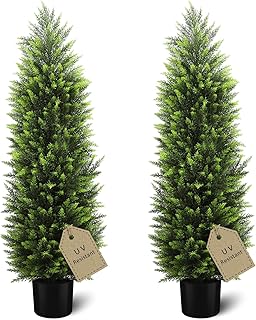 HMASYO 4FT Artificial Cedar Topiary Trees Set of 2, Realistic Potted Fake Cypress Tree