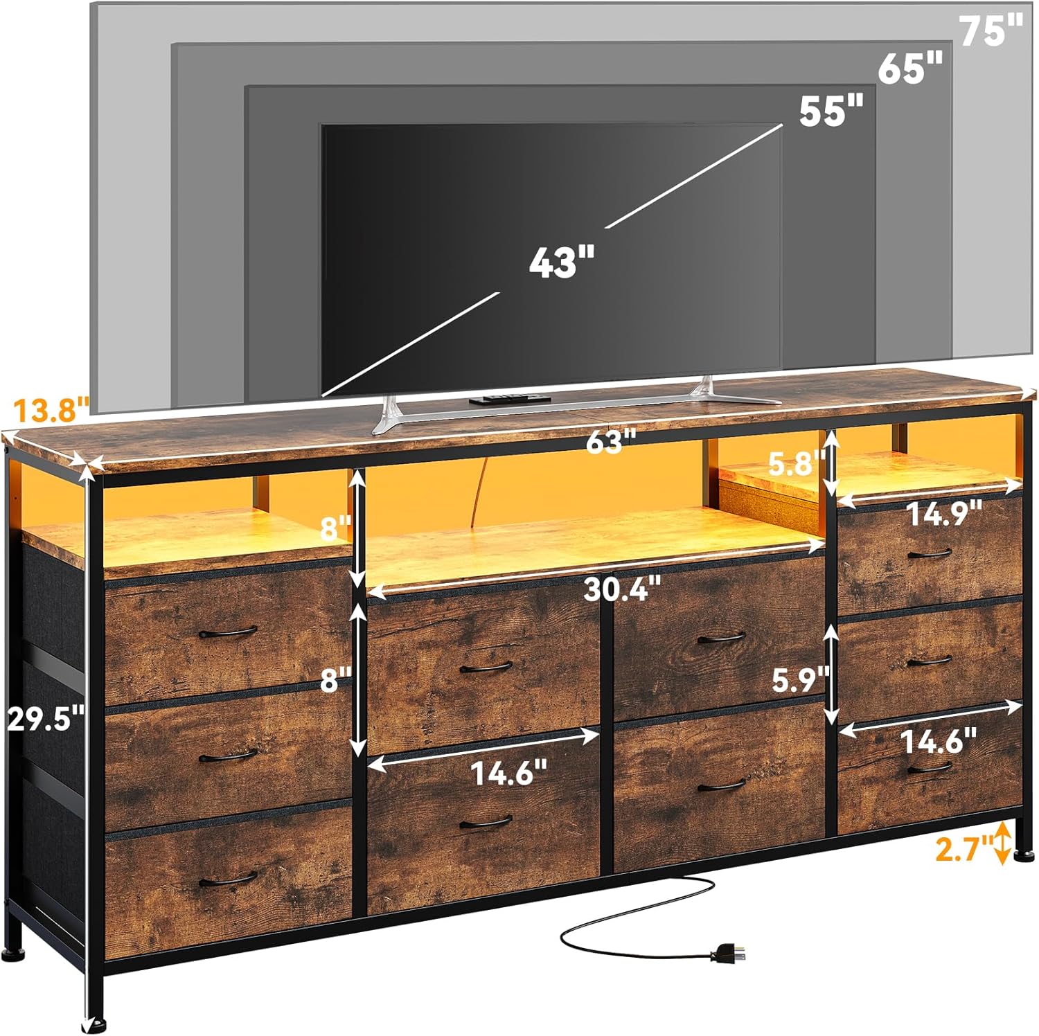 63" Dresser with 10 Fabric Drawers, Wide Dresser TV Stand with Built-in USB Ports & LED Lighting, Multi-Functional Storage Unit for 75 Inch TVs