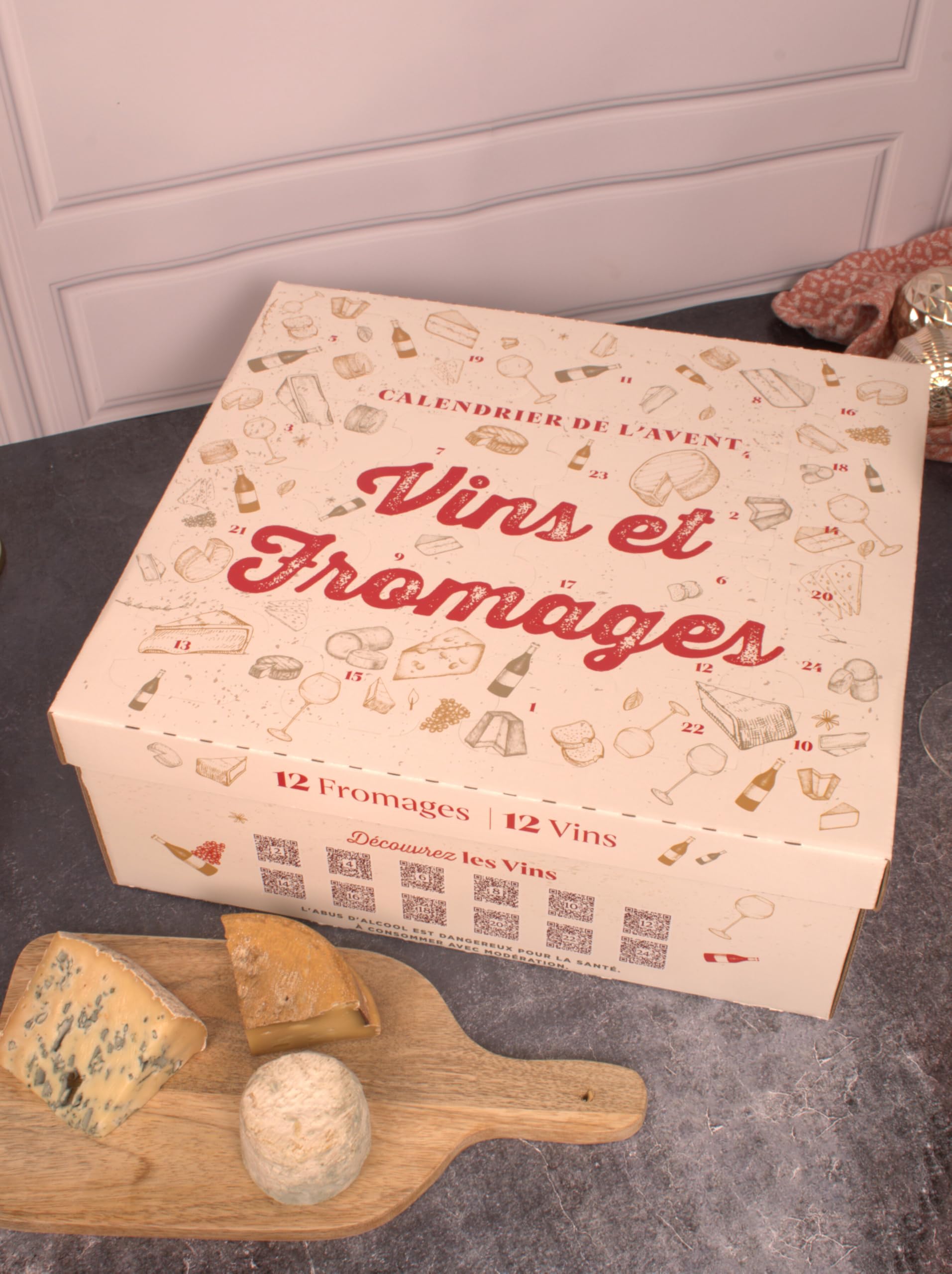Calendrier de l’Avent Vins et Fromages – Nouveauté 2026 – 12 Vins (40 mL) & 12 Fromages – Coffret Dégustation Gourmet en édition limitée
