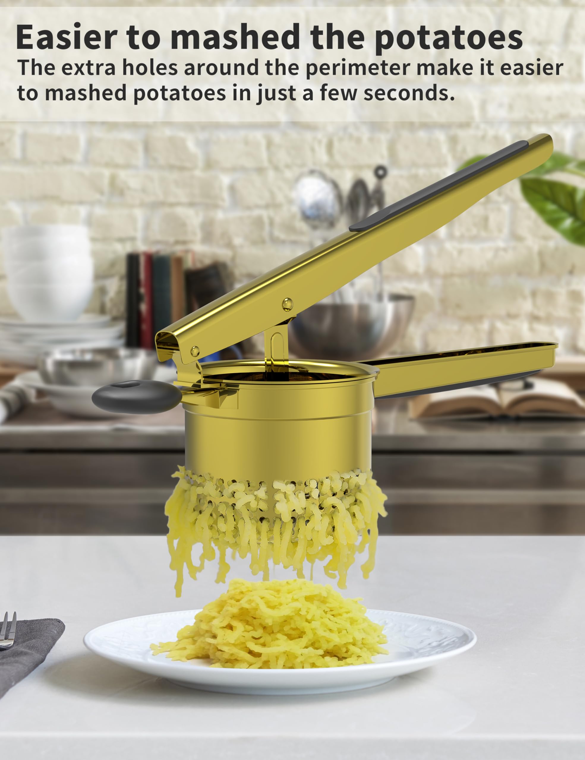 GloTika Große 425 ml Kartoffelpresse aus robustem Edelstahl für Kartoffelpüree, Süßkartoffelstampfer, Küchenwerkzeug mit ergonomischem Griff, Press- und Stampf-Küchenhelfer, Gold
