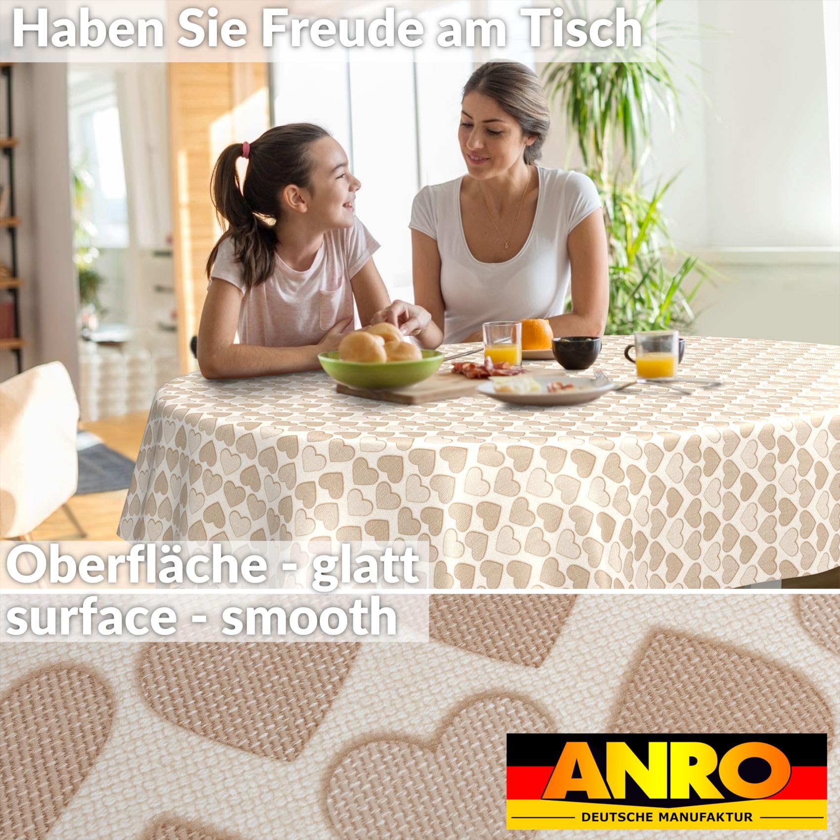 ANRO Oilcloth Tablecloth, Washable, Oilcloth, Garden Tablecloth, Outdoor, Indoor, Oval, 180 x 140 cm, Cut Edge, Heart, Beige - Image 3