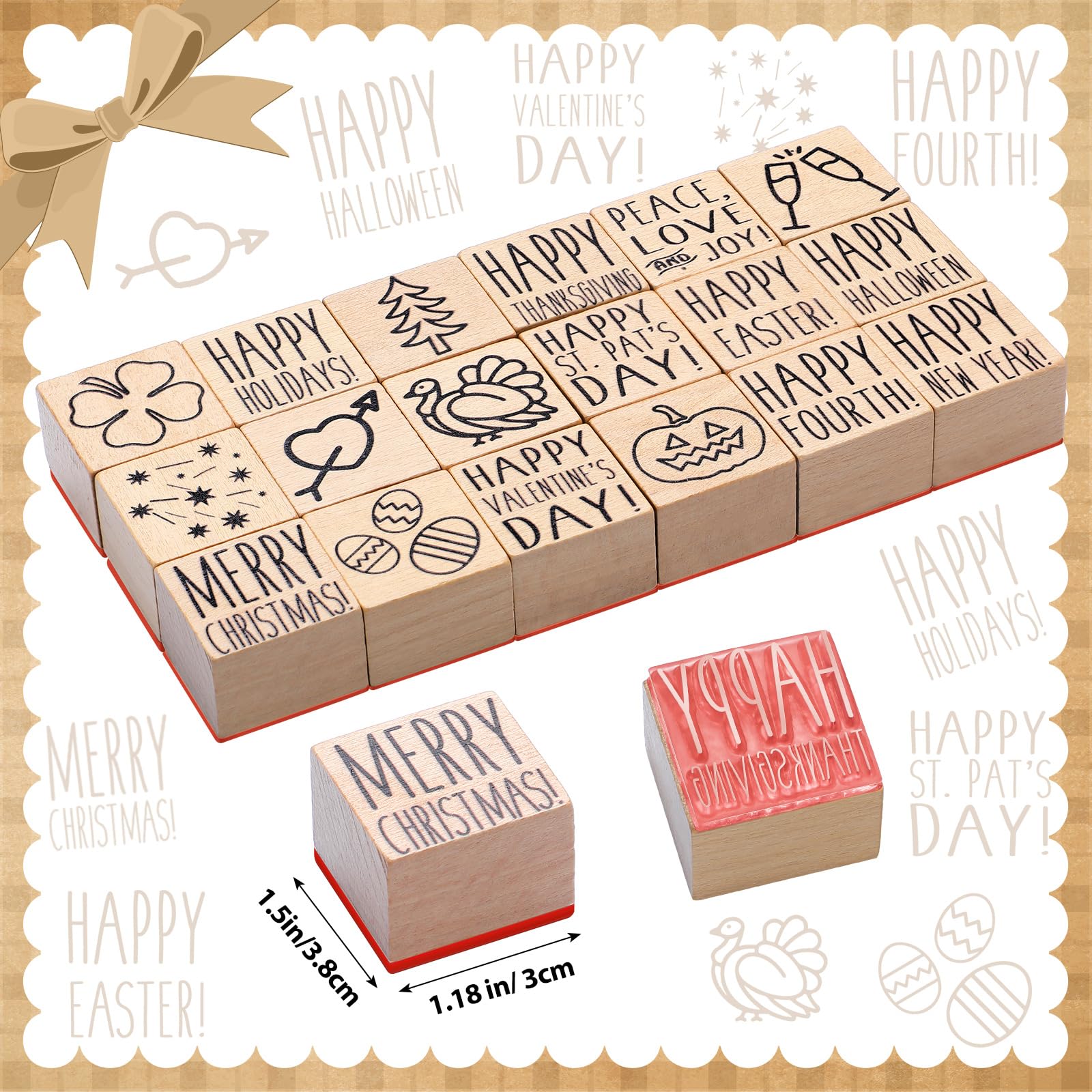 MotiMind Juego de 18 sellos de madera para todos los días festivos, sellos de goma de madera para hacer tarjetas, decoración y suministros de álbumes de recortes