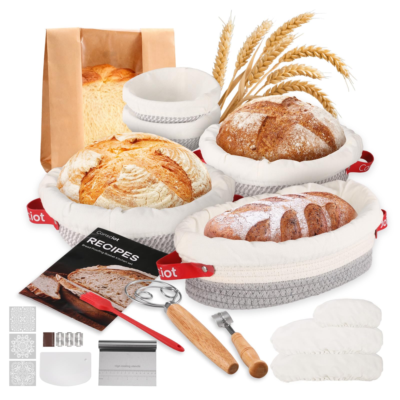 Consciot Sauerteig-Starter-Set, verschiedene Größen, Baumwollseil, Brotbackzubehör, runde und ovale Brotkörbe mit Einlagen und Abdeckungen, Geschenk für Bäcker, Kinder, Frauen, 22,9 cm, 12,7 cm