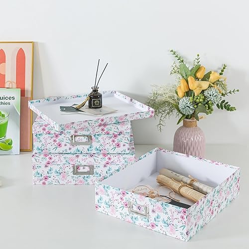 Miniatura 5 de Soul & Lane Cajas de almacenamiento decorativas florales con tapas, juego de 3 bonitas cajas de cartón anidables para fotos, documentos, álbumes de