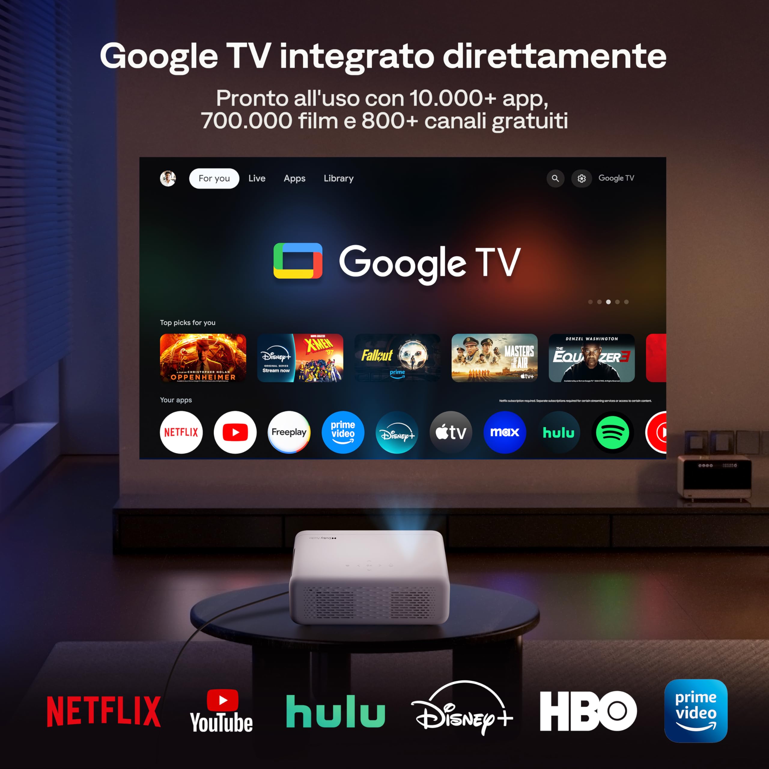 Aurzen Eazze D1G con Google TV proiettore 4k smart tv nativo videoproiettore da esterno Full HD 1080P con DoIby Audio, messa a fuoco automatica e Keystone mini wifi bluetooth video proiettore