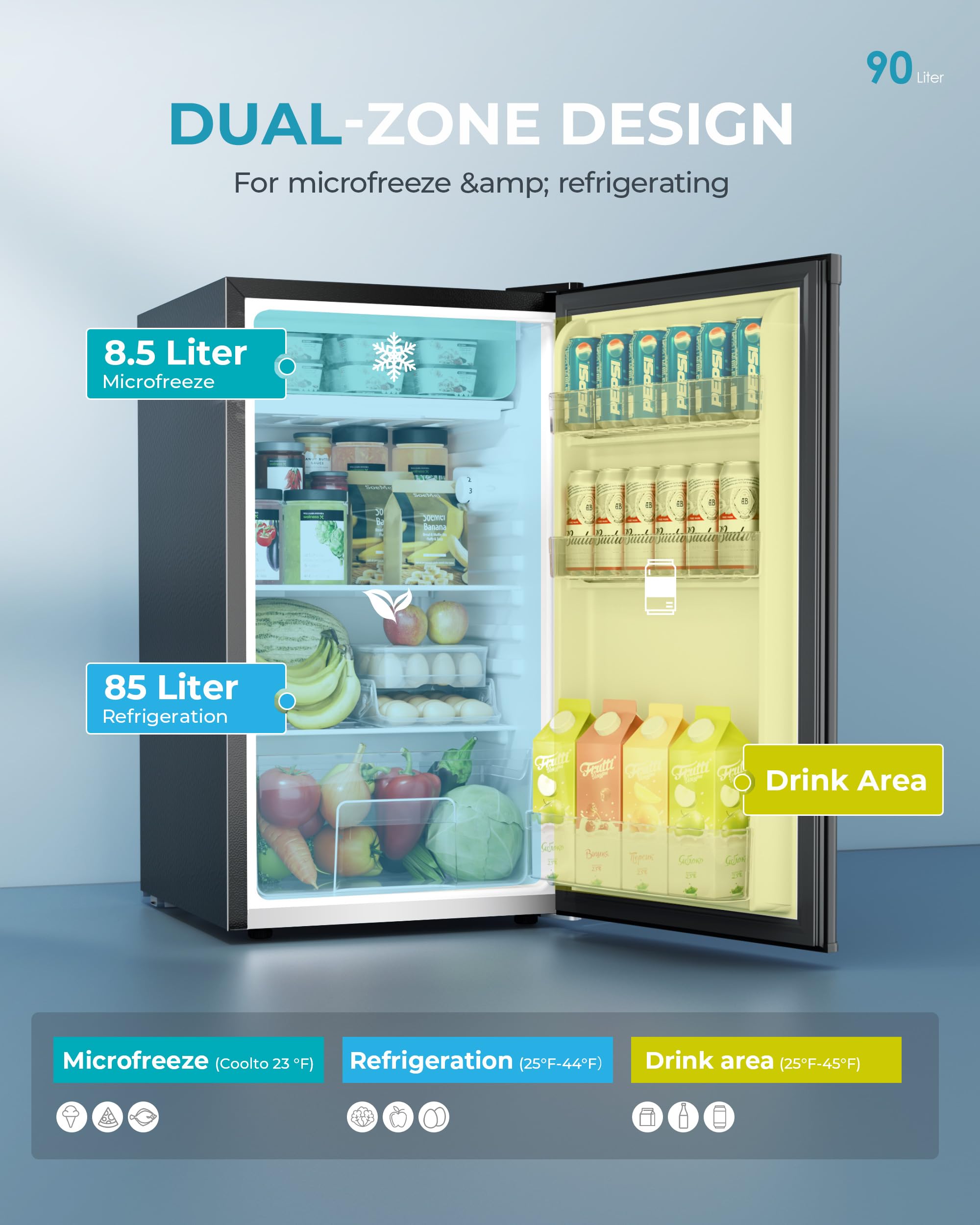 EUHOMY 93L Under Counter Fridge, Small Fridge Freezer with 7-Stage Thermostat, 38dB Ultra-Quiet Undercounter Mini Fridge, 82L Refrigerators & 8L Freezer for Dorm/Office/Bedroom, Black [Energy Class E] — view 3