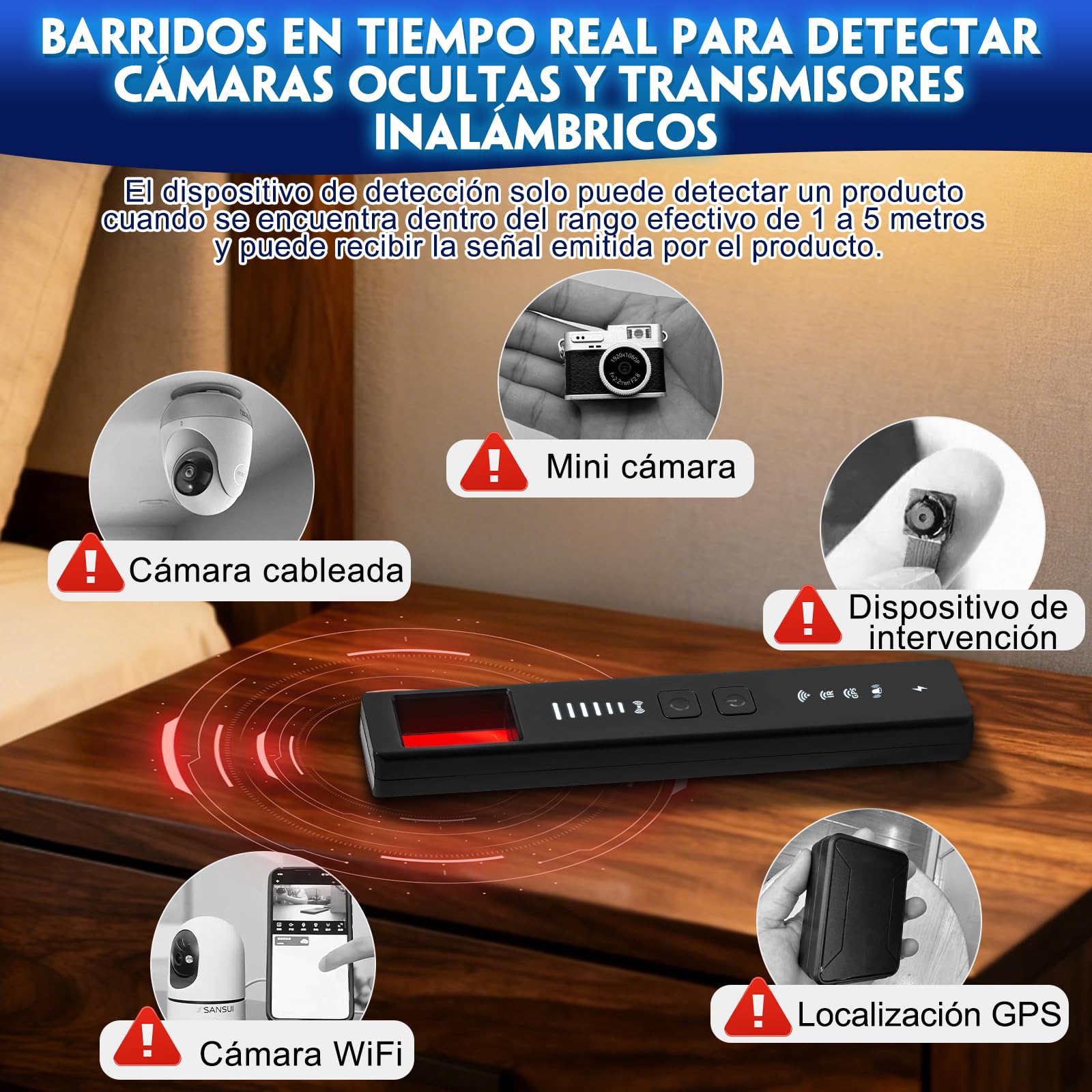 Detector de Cámaras y Micrófonos Ocultos 5 en 1 | Localizador GPS y Detección de Señales RF | 6 Niveles de Sensibilidad Ajustable | para Oficina, Hotel y Hogar