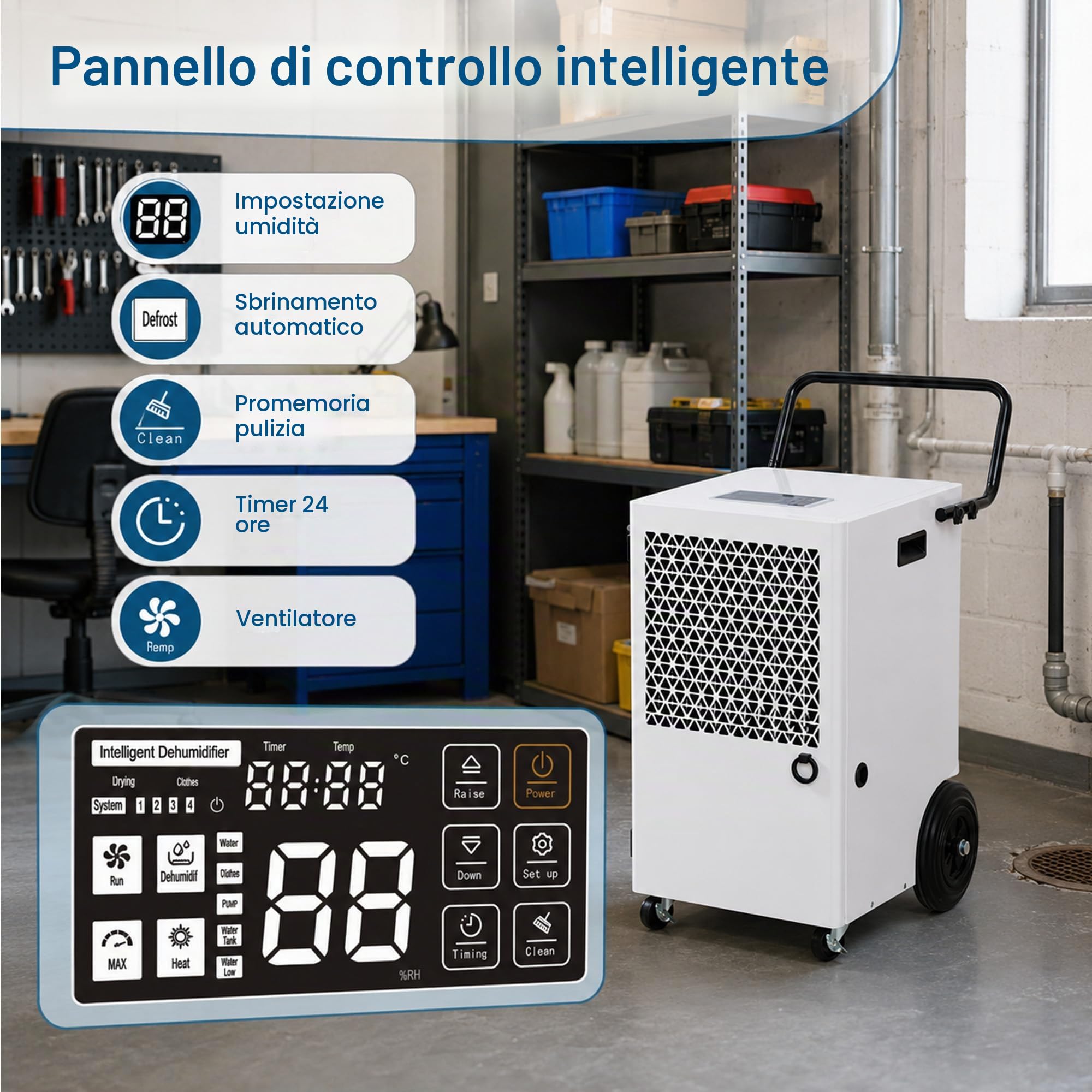 Deumidificatore Professionale Commerciale 120L: Deumidificatore Professionale Scarico Continuo Tubo 2m R290 Compressore 300m²/600m³ per Magazzino Garage Officina Cantina Lavanderia Deposito