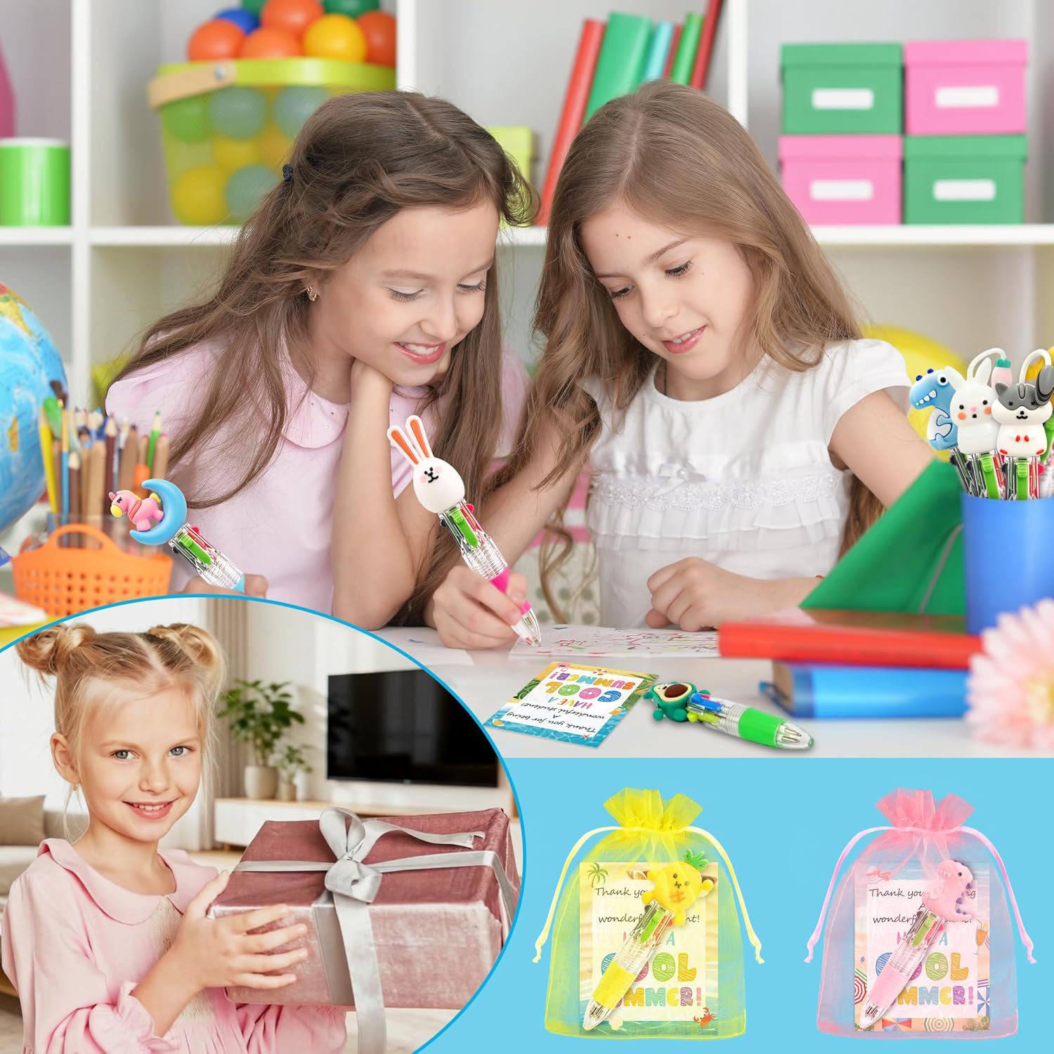 THAWAY 30 Sets End of School Year Student Gifts, Multicolor Ballpoint Pens 4 in 1 with 30 Beach Gift Cards, Retractable Cute Cartoon Animal Ballpoint Pen for School Gift Party Favors, Classroom Prizes