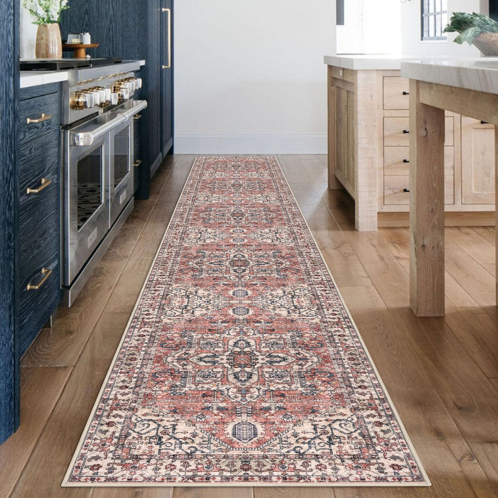 KOZYFLY Runners for Hallways 2x12 Ft Extra Long Washable Kitchen Runner Rug Boho Entryway Rug for Hallways Indoor Printed Faux Wool Stair Runner Carpet for Stairs Kitchen Hall, Terracotta/Beige — image 1